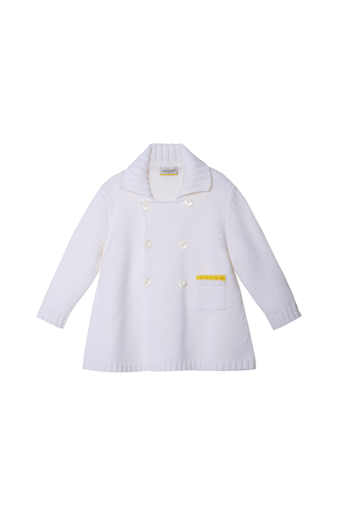 White knitted double-breasted baby coat with shawl collar and yellow trim detail from Gensami FW25.