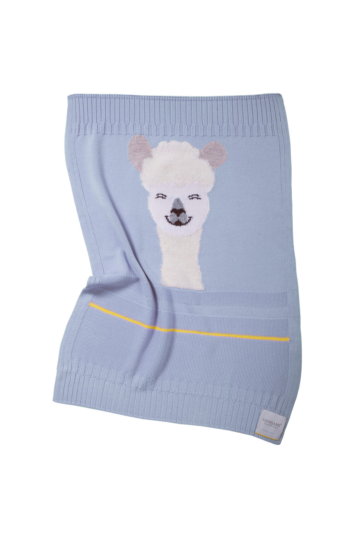 Light blue knitted baby blanket with smiling bear face motif from Gensami FW25.