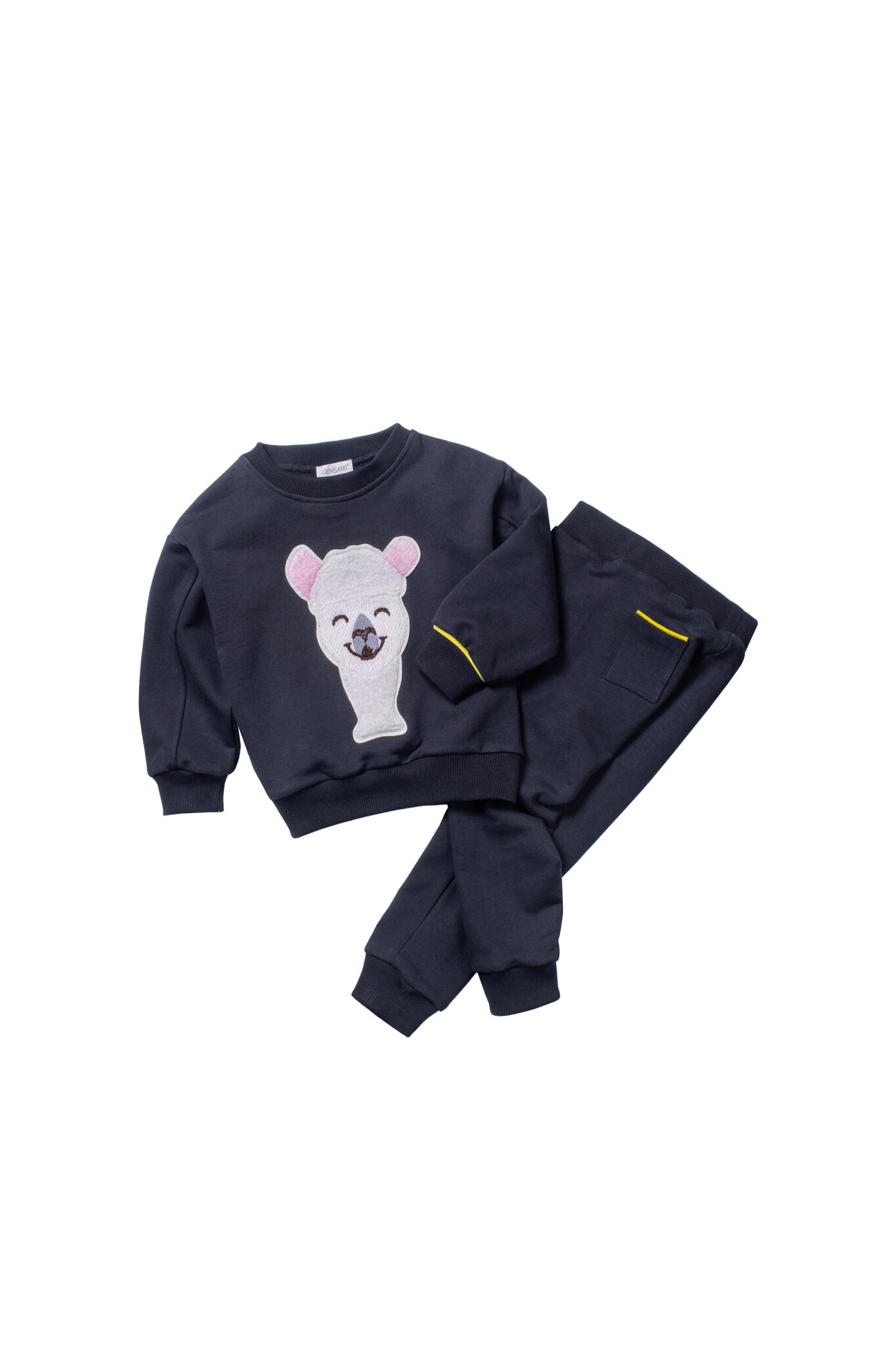 Dark navy kids tracksuit with bear face motif on sweatshirt from Gensami FW25.