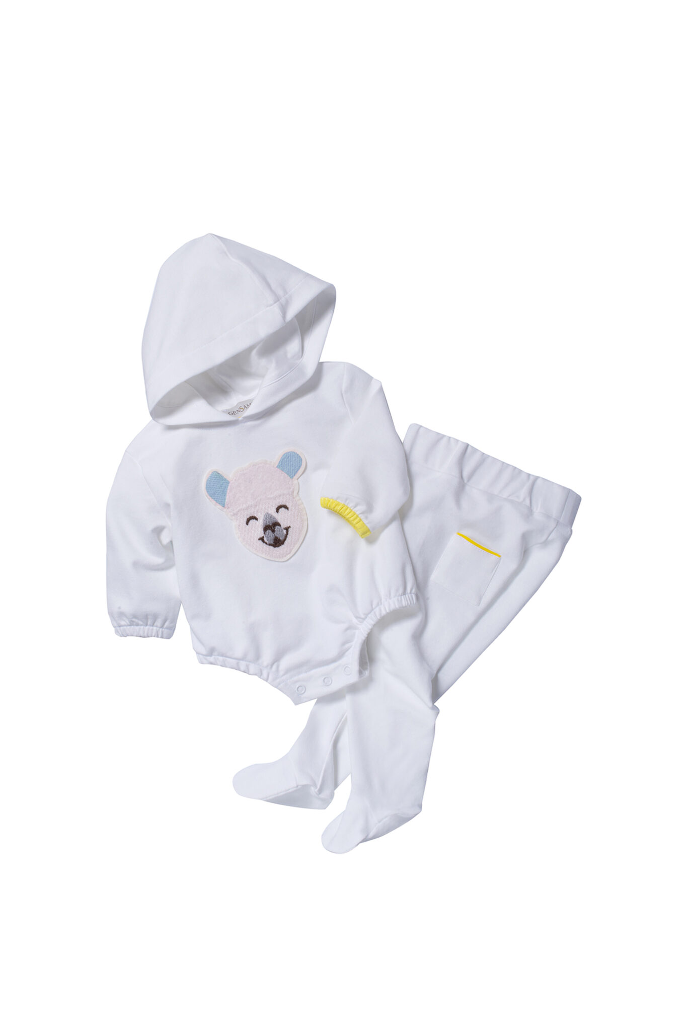 White baby hoodie bodysuit with bear face motif and matching pants from Gensami FW25.