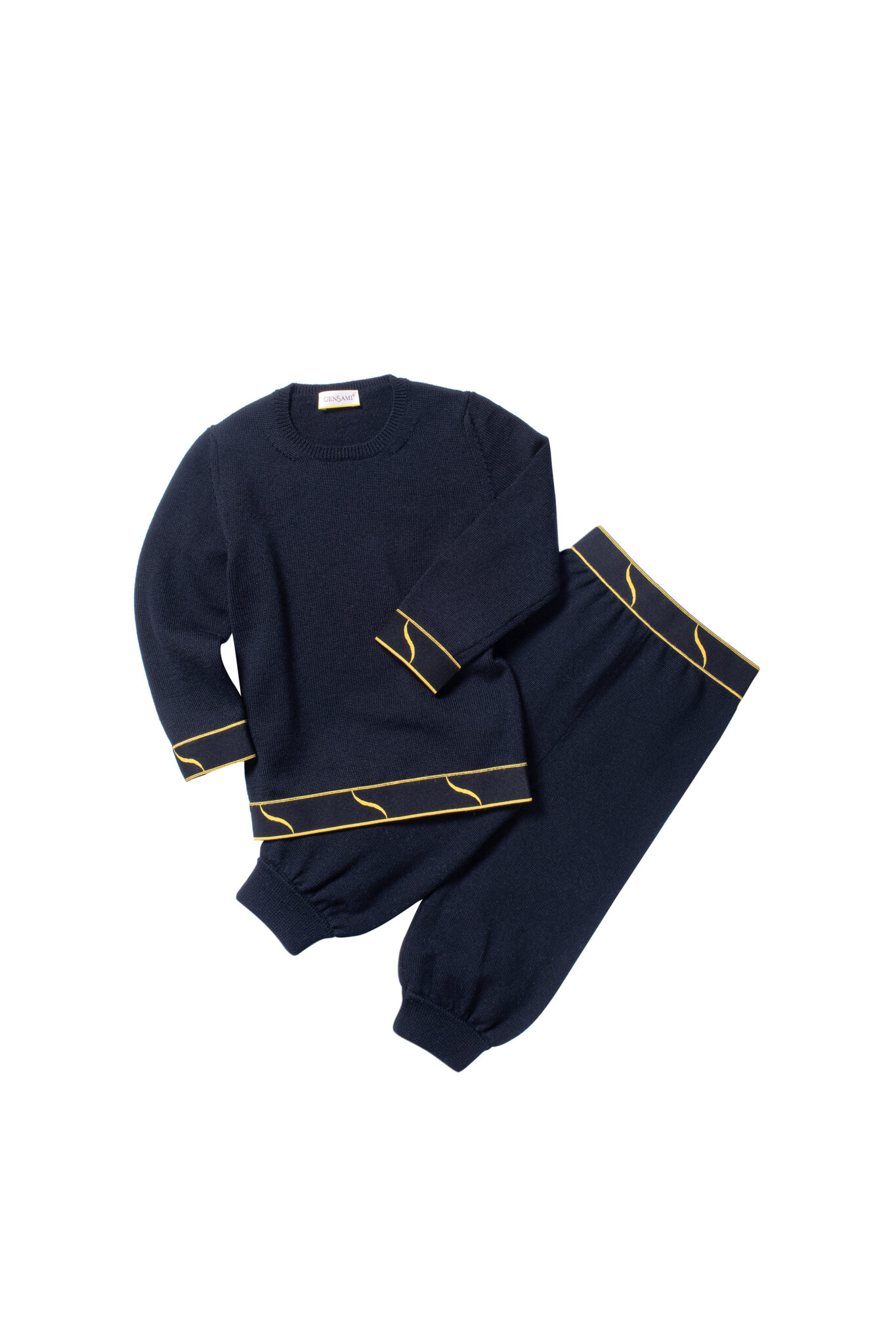 Navy knitted kids set with long-sleeved sweater and pants featuring yellow trim from Gensami FW25.