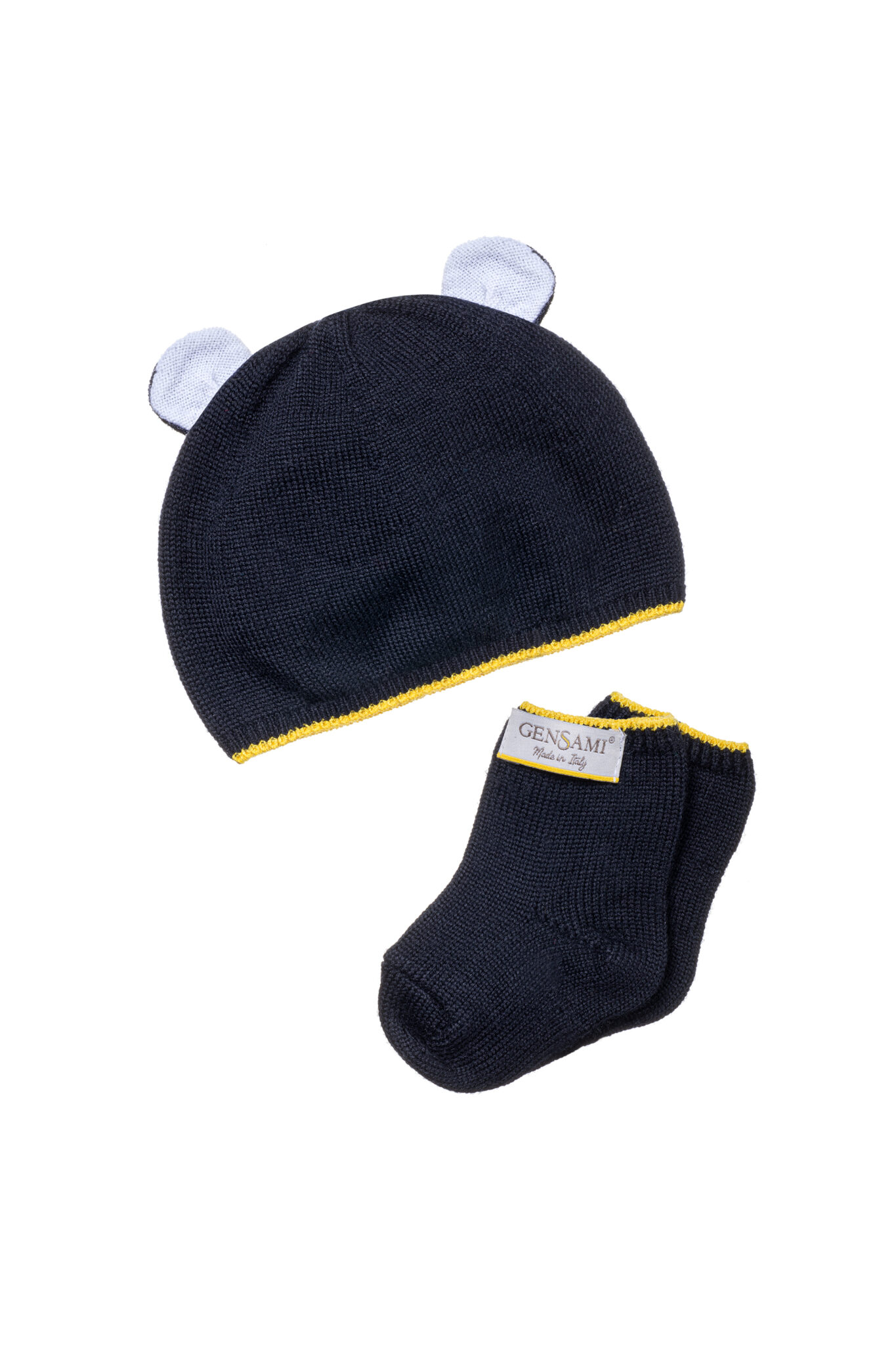 Navy knitted baby hat with bear ears and matching socks from Gensami FW25, product shot.