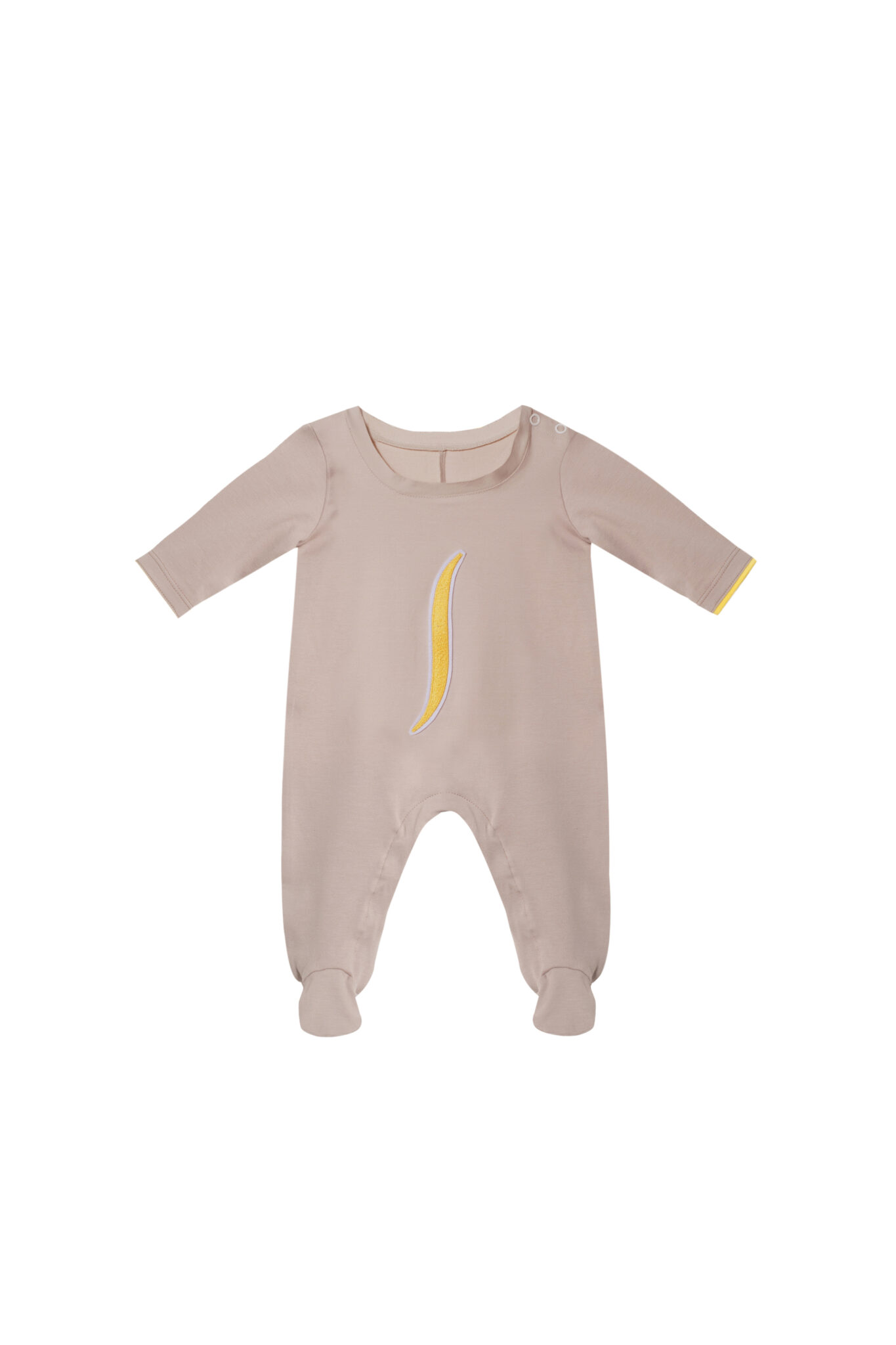 Beige baby romper with yellow embroidered detail from Gensami FW25, product shot.