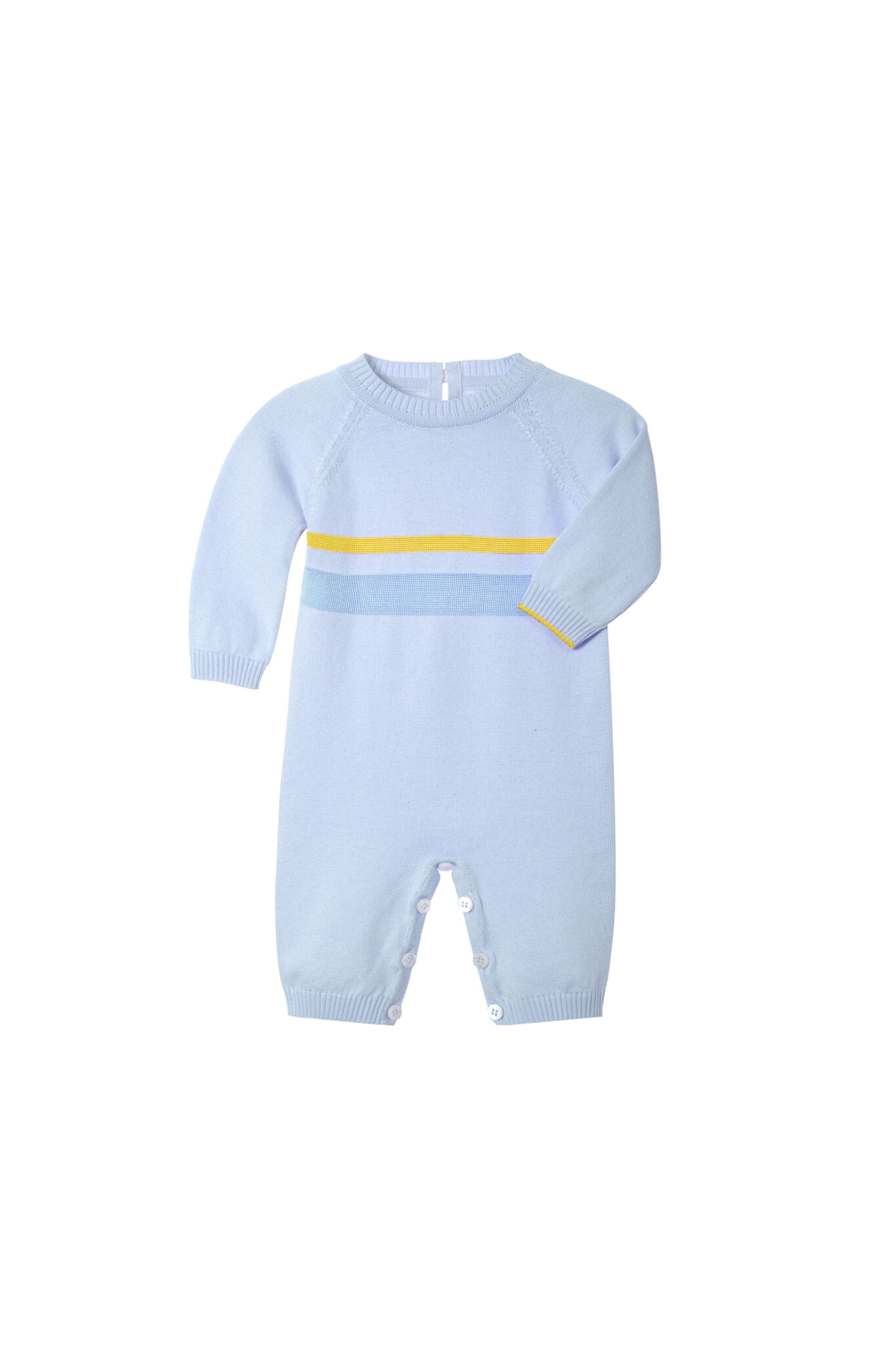 Light blue knitted romper with yellow and blue stripes across chest from Gensami FW25.