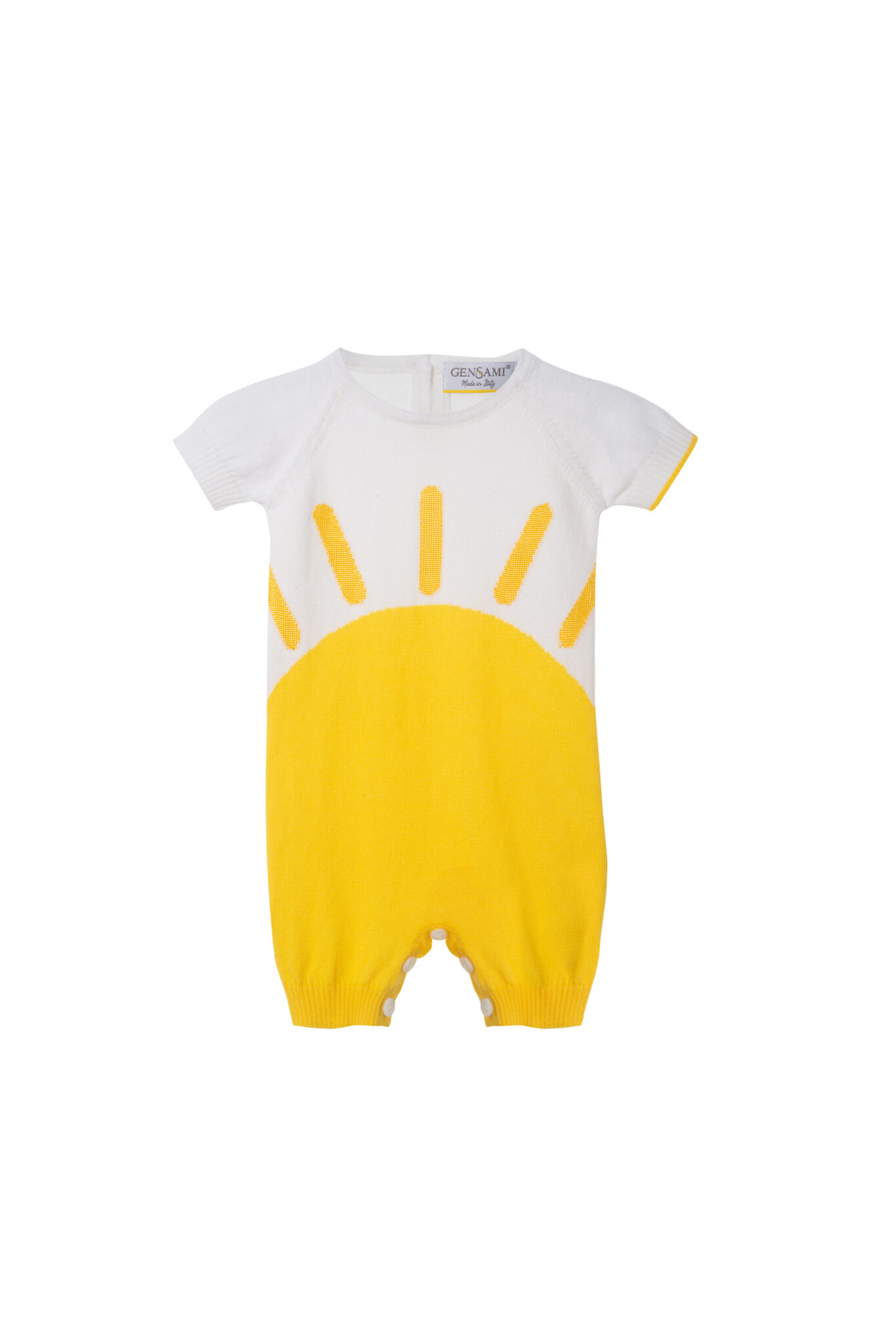 White and yellow knitted romper with sun design from Gensami FW25, short sleeves.