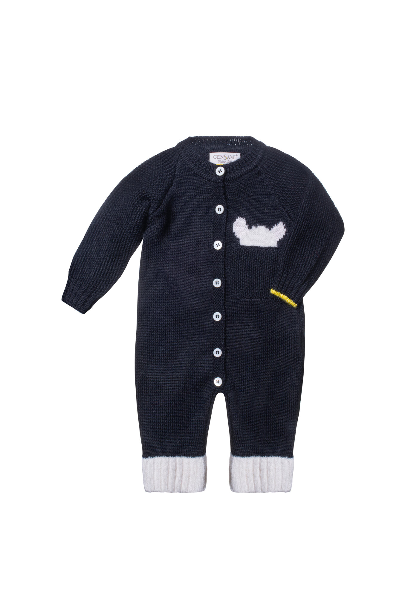 Navy knitted romper with white cuffs and bear pocket detail from Gensami FW25, button-up front.