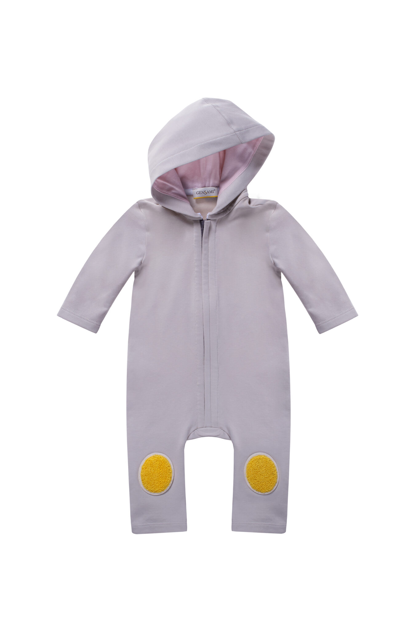 Baby hooded romper in light grey with yellow knee patches from Gensami FW25, product shot.