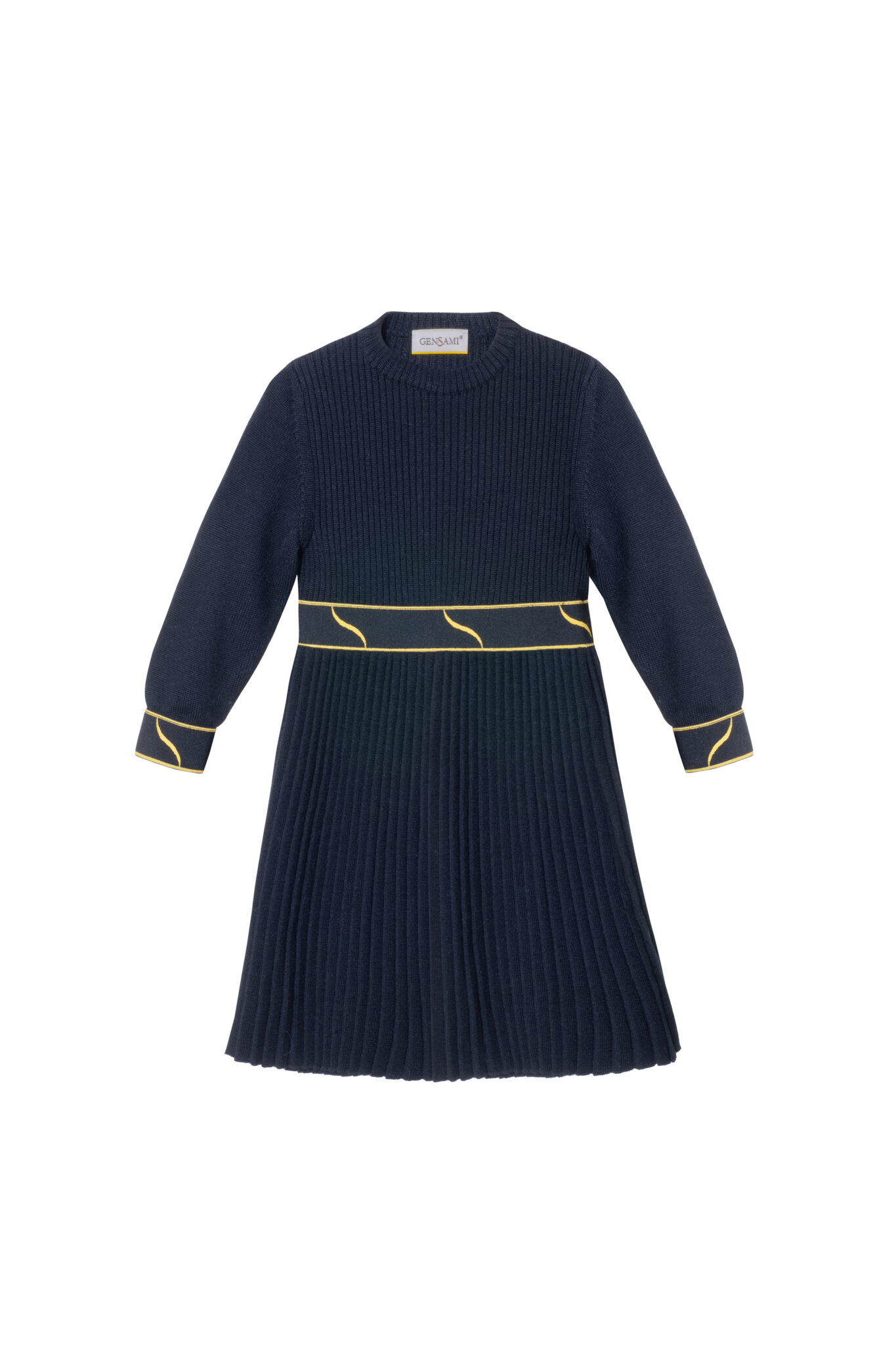 Navy blue knitted dress with pleated skirt and yellow detail at waist and cuffs from Gensami FW25.