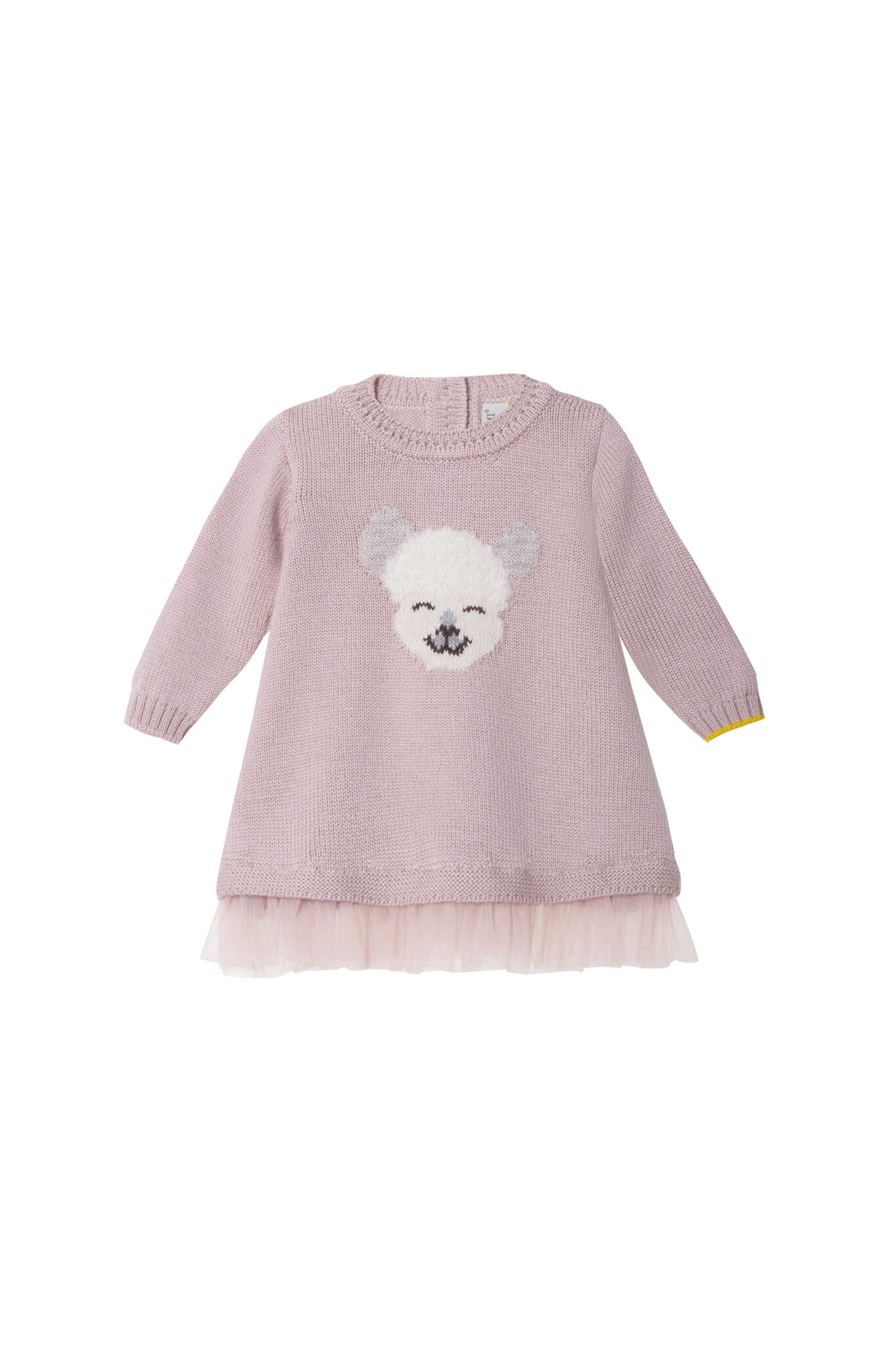 Pink knitted dress with bear face motif and tulle hem from Gensami FW25.