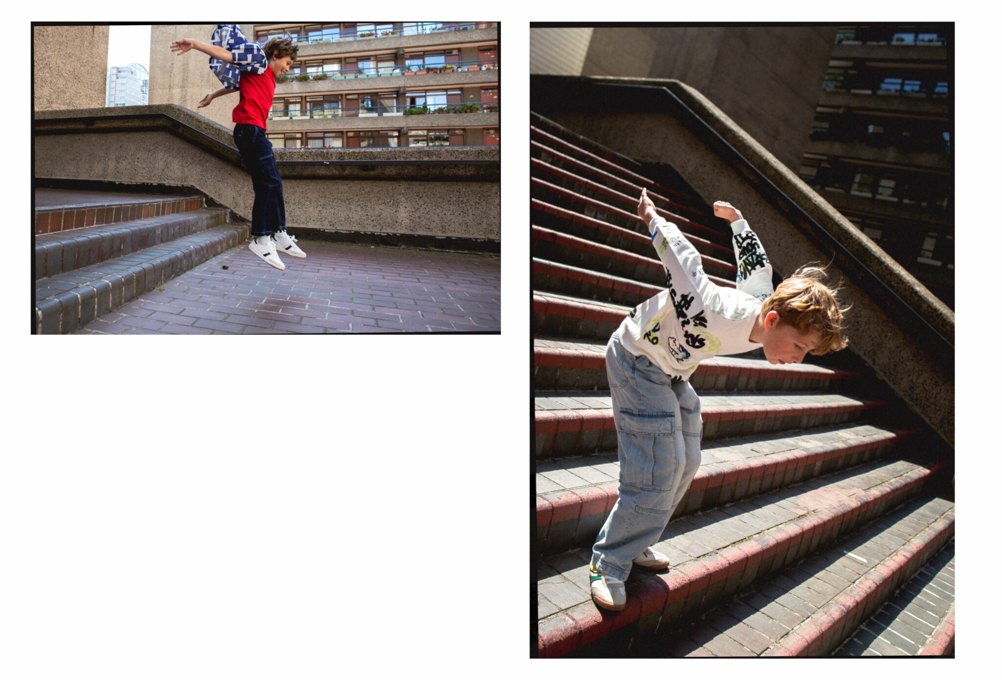 Two boys jumping on brick steps in an urban setting, wearing SS25 kids fashion — Sebastian in jeans by The New Society, shirt by Wynken, red T-shirt by H&M, socks by Main Story, and trainers; Gene in jeans, sweatshirt, and trainers by Zara, socks by Main Story. Photo by Hannah Mentz for Scimparello Magazine.