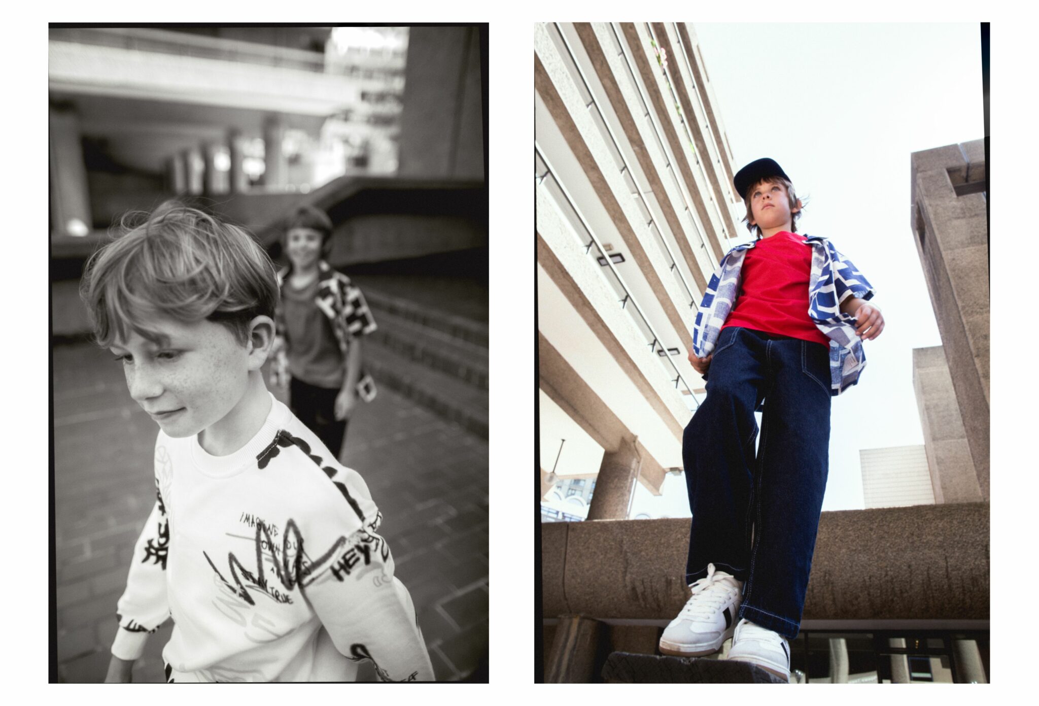 Left: close-up of Gene wearing SS25 light blue jeans, white sweatshirt with black graffiti-style print by Zara, socks by Main Story, walking outdoors with Sebastian in the background. Right: low-angle shot of Sebastian standing on a concrete ledge, wearing SS25 dark jeans by The New Society, shirt by Wynken, red T-shirt by H&M, socks by Main Story, and white trainers. Photo by Hannah Mentz for Scimparello Magazine.