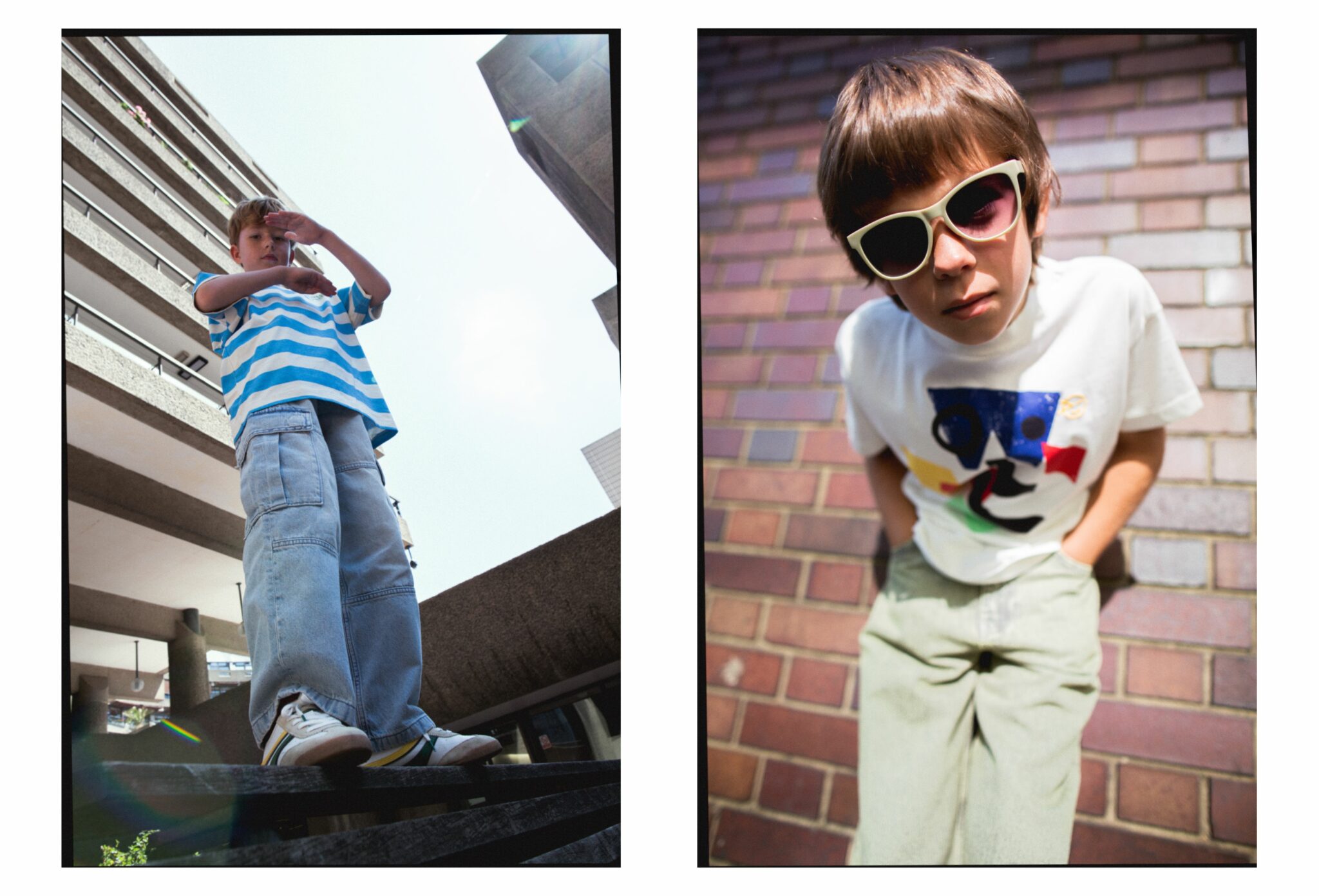Left: Gene wearing SS25 blue and white striped T-shirt, baggy jeans, and white trainers by ZARA KIDS, standing on a bench in a brutalist urban setting. Right: Sebastian wearing SS25 T-shirt by WYNKEN, green shorts and white trainers by H&M, and white retro sunglasses by ZARA KIDS, leaning forward against a brick wall. Photo by Hannah Mentz for Scimparello Magazine.