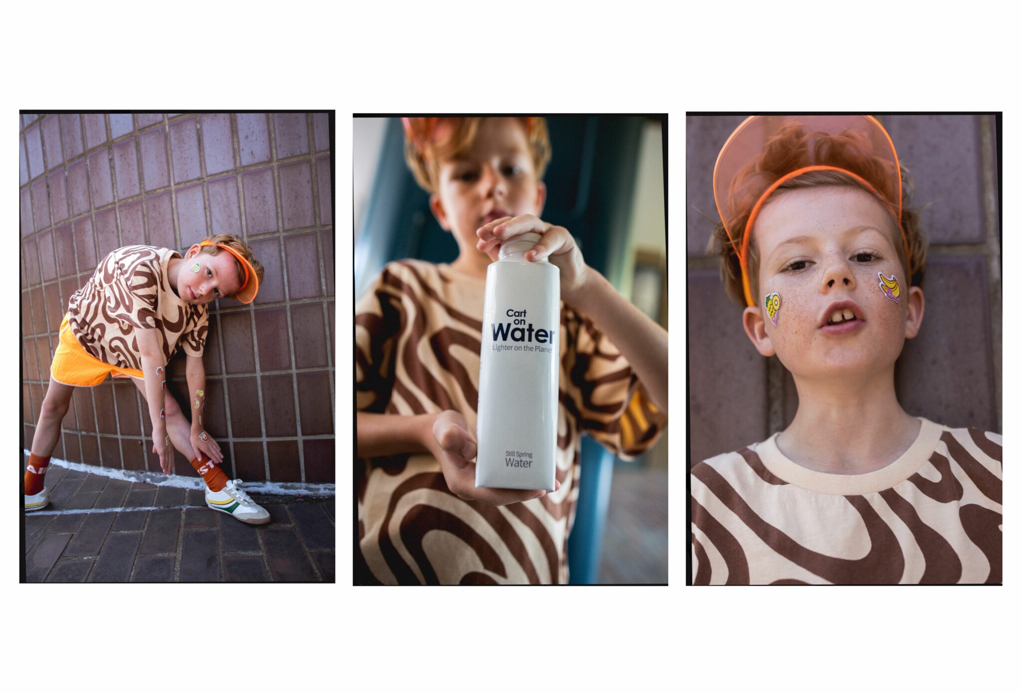 Gene wearing SS25 brown and beige patterned T-shirt and orange socks by MAIN STORY, bright orange shorts, visor, and retro trainers by ZARA KIDS. The three-panel composition shows him stretching by a tiled wall, holding a white 
