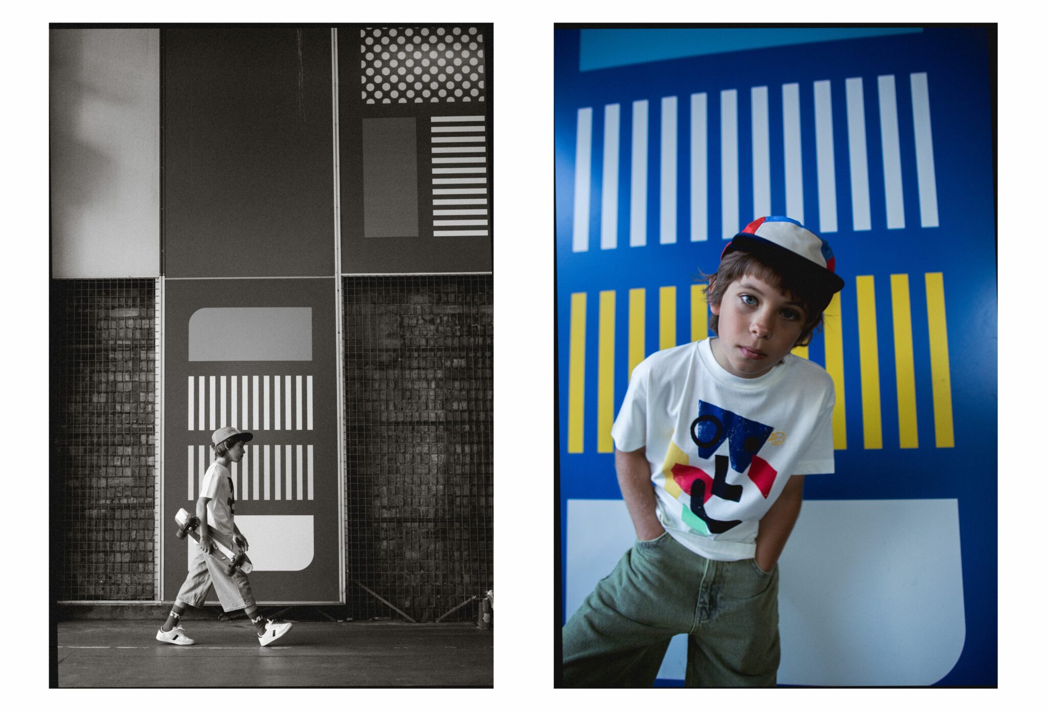 Sebastian wearing SS25 white graphic T-shirt by WYNKEN, color-block cap by ARKET, green shorts and retro-style sunglasses by ZARA KIDS, orange socks by MAIN STORY, and white trainers by H&M. Urban background with bold geometric wall patterns in blue, yellow, and white. Photo by Hannah Mentz for Scimparello Magazine.