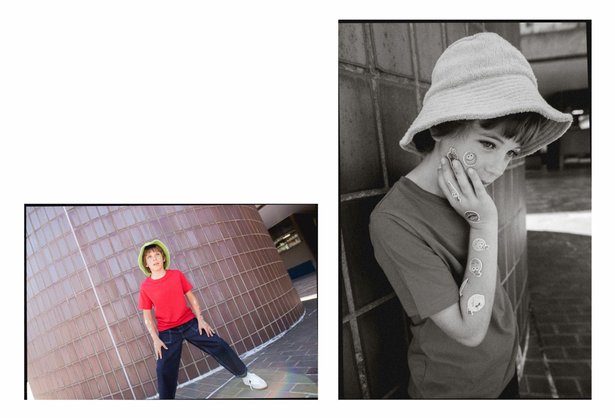 Sebastian wearing SS25 red T-shirt and white trainers by H&M, dark denim jeans by THE NEW SOCIETY, green bucket hat by LORNA MURRAY, and orange socks by MAIN STORY. Styled with a WYNKEN shirt tied at the waist. Outdoor urban setting with tiled wall and playful emoji stickers on arms and face. Photo by Hannah Mentz for Scimparello Magazine.