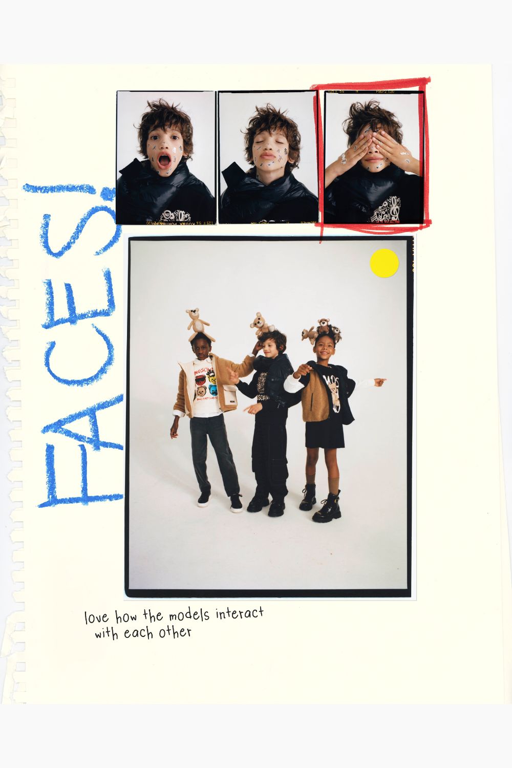 Kids making funny faces and playing together in Moschino FW25 teddy bear outfits – Scimparello Magazine
