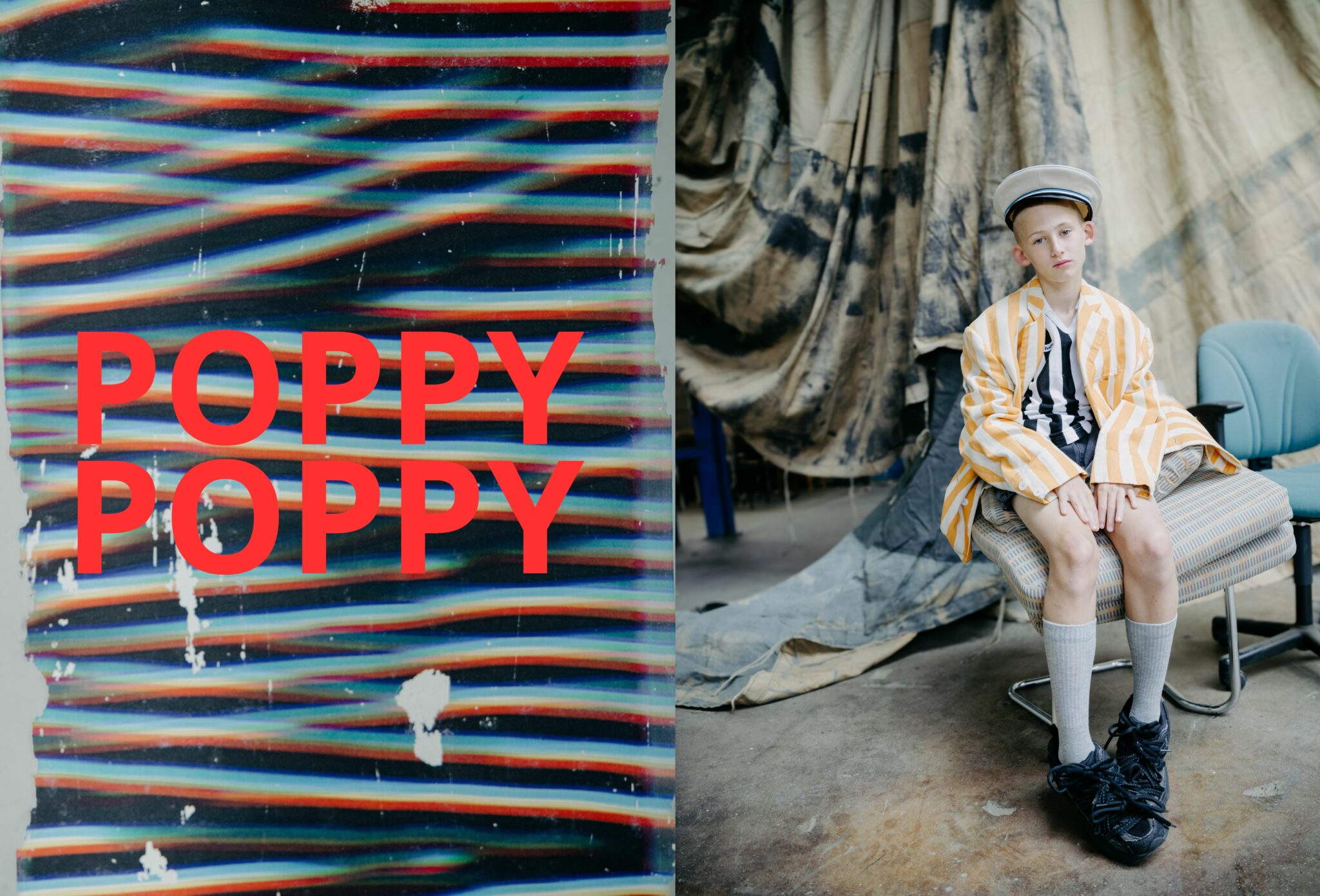A boy sits on a chair in front of draped fabric, wearing an oversized yellow-and-white striped jacket over a black-and-white striped shirt, paired with gray knee-high socks, chunky black sneakers, and a gray cap. The left side of the editorial features bold red text reading 