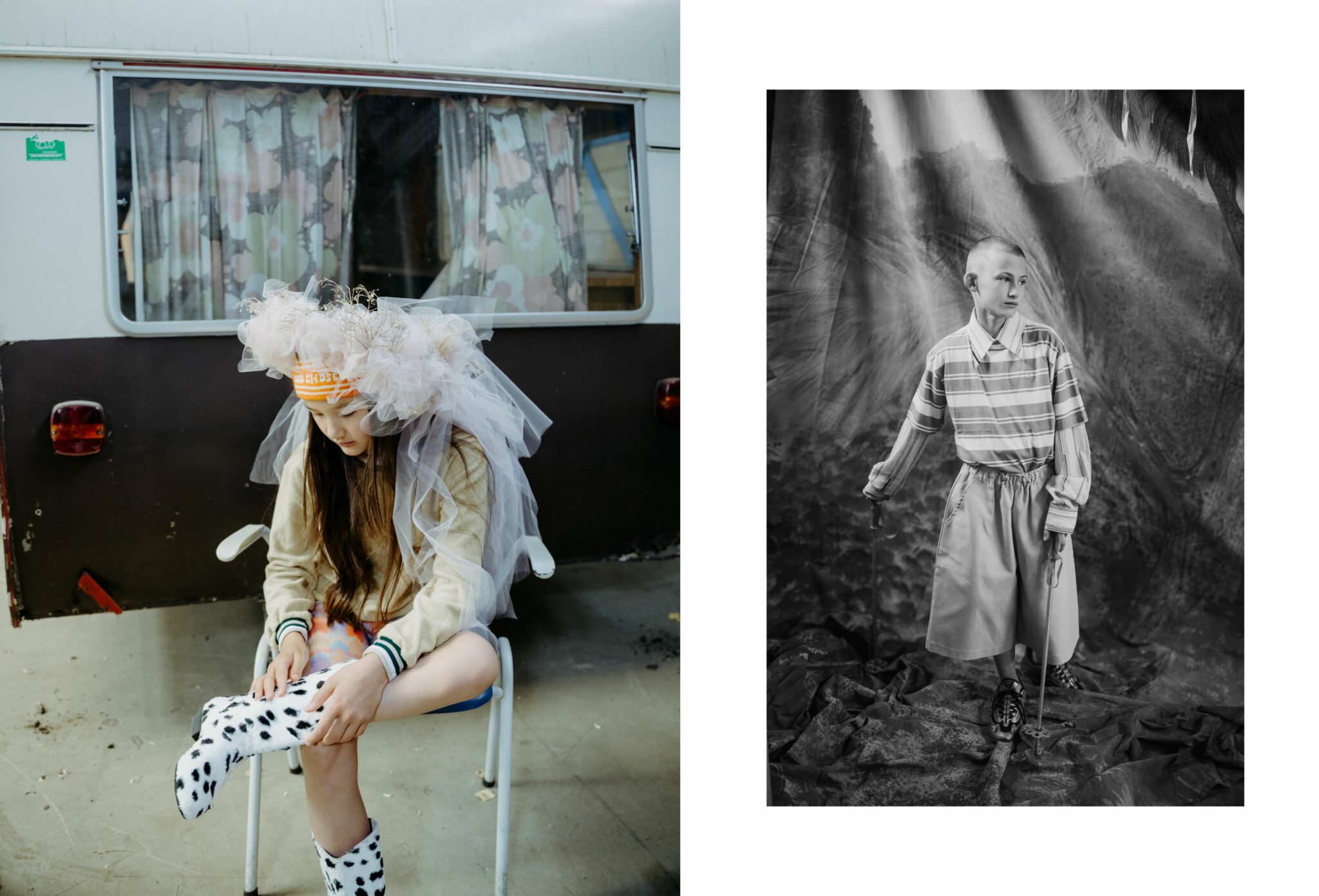 On the left, a girl sits in front of a caravan wearing a tulle headpiece with floral details, an orange headband, a beige jacket, and spotted black-and-white boots, adjusting her footwear. On the right, a black-and-white portrait shows a boy with a shaved head wearing a striped shirt tucked into wide, high-waisted trousers, standing on a textured fabric floor with a dramatic light backdrop. Fashion editorial photographed by Aarjan Hamel for Scimparello Magazine.