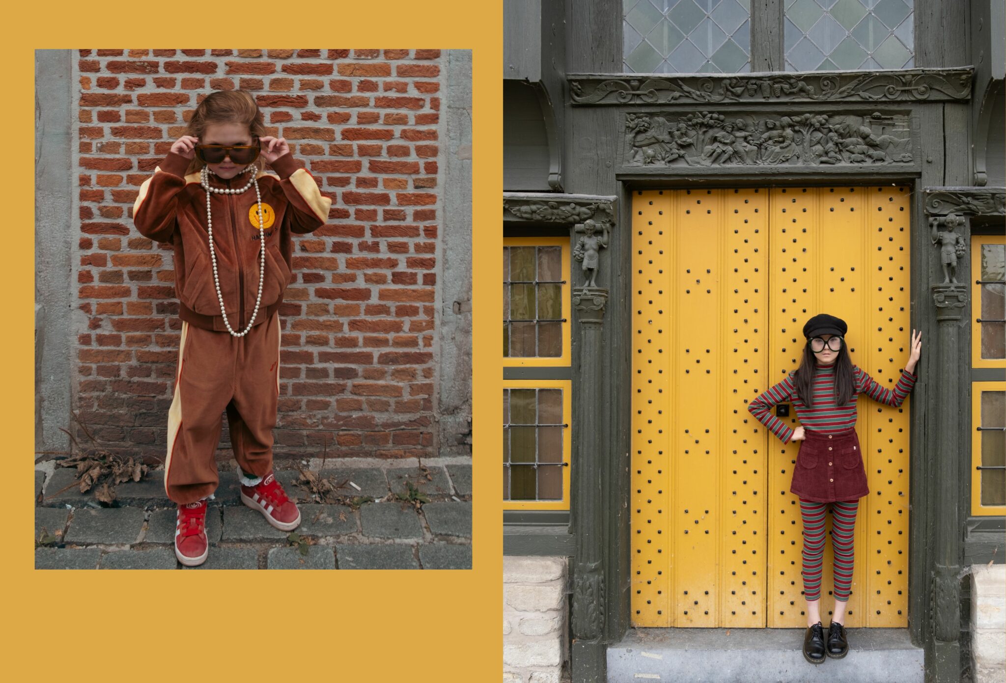 sinistra (Luisa): Child wearing vintage sunglasses, vintage pearl necklaces, and vintage shoes, styled with JELLY MALLOW FW25 brown velour cardigan with smiley patch and matching JELLY MALLOW FW25 pants, posing against a brick wall. Fashion editorial 