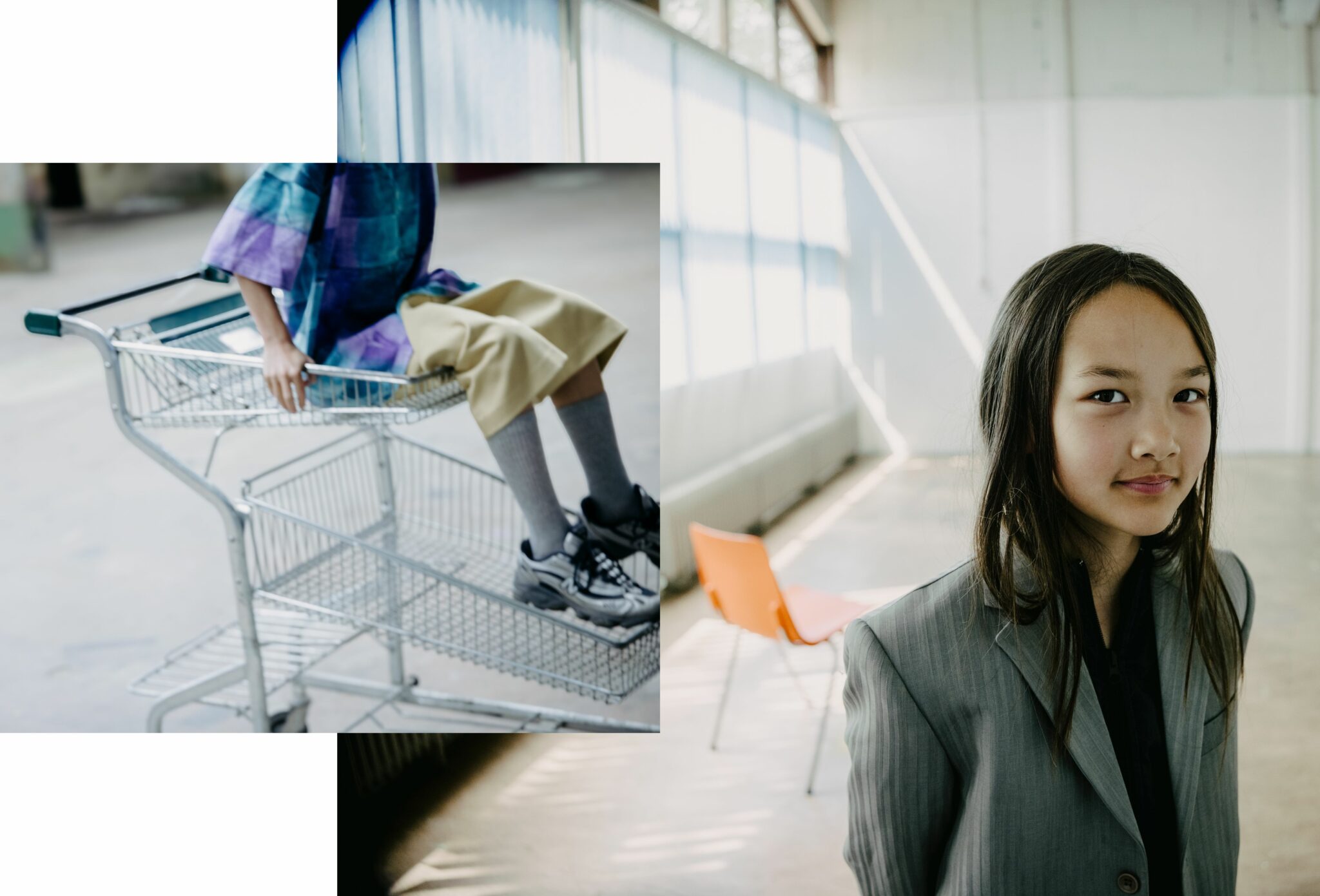 A fashion editorial diptych: on the left, a close-up shows a child sitting inside a shopping cart, dressed in a purple-blue checkered shirt, wide beige shorts, gray knee-high socks, and sneakers. On the right, a girl with long hair wears an oversized gray pinstripe blazer over a dark shirt, standing in a sunlit industrial space with a single orange chair in the background. Fashion editorial photographed by Aarjan Hamel for Scimparello Magazine.