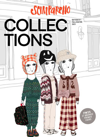 Illustrated cover of Scimparello Collections FW25 by Alejandra Salvatore, featuring kids’ fashion looks from Péro, Mini Rodini, Missoni Kids, Bebe Organic, AO76, Pèpè and Molo.