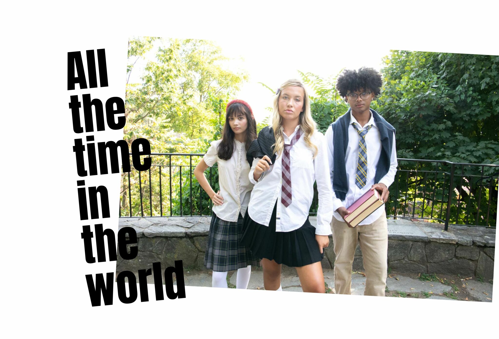 Three teens in school-inspired outfits with shirts, ties, and pleated skirts posing outdoors against a leafy background. Teen fashion editorial All the Time in the World by Sabrina Helas for Scimparello Magazine FW25.