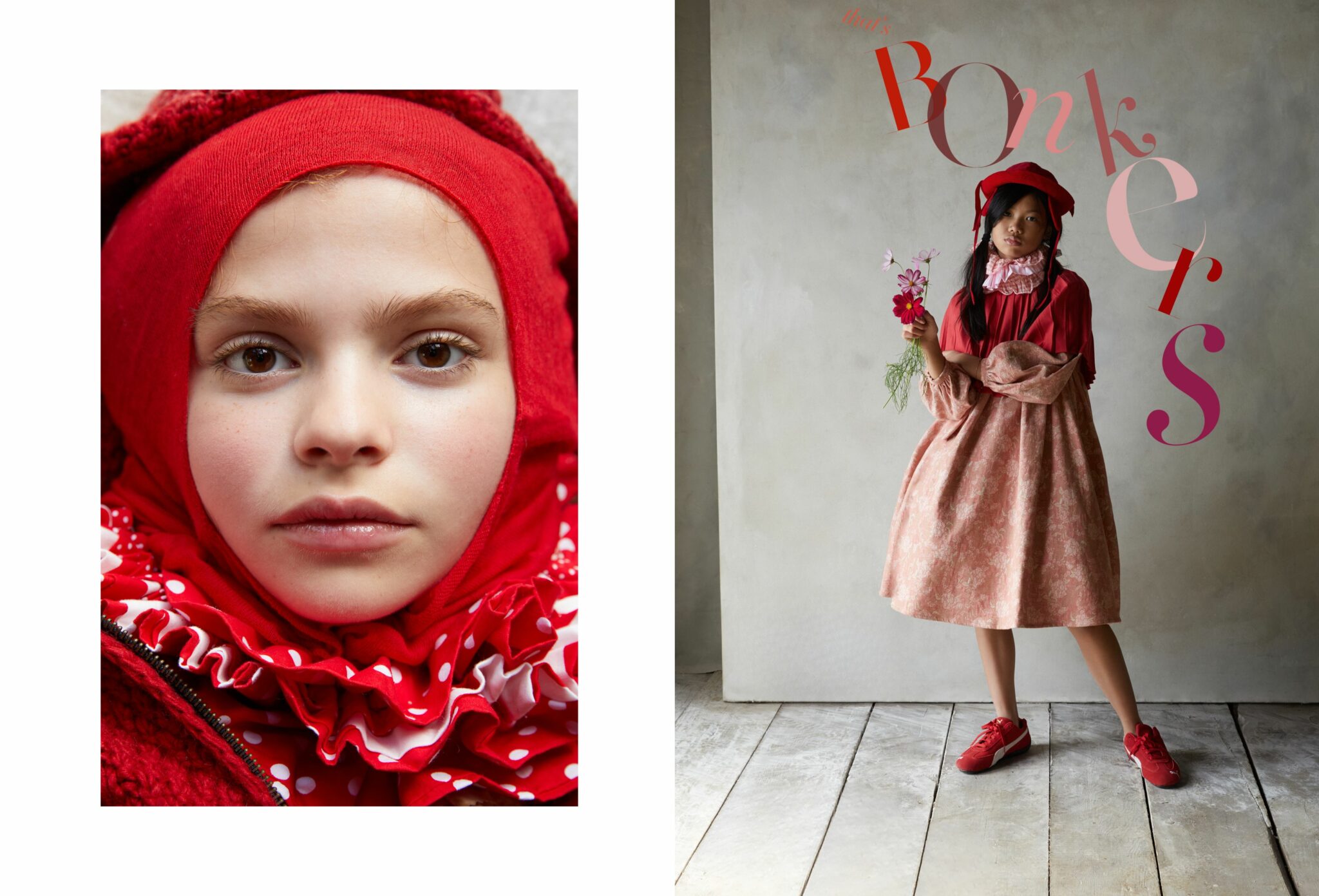 Fashion editorial That’s Bonkers for Scimparello Magazine FW25, photographed by Cleo Sullivan. A whimsical portrait of two girls dressed in layered red and pink tones — one in a voluminous dress by LITTLE CREATIVE FACTORY, collar shirt H&M, collar skirt ABERCROMBIE, sneakers PUMA, and a vintage hat. The mood is playful and surreal, blending fairytale styling with modern energy.