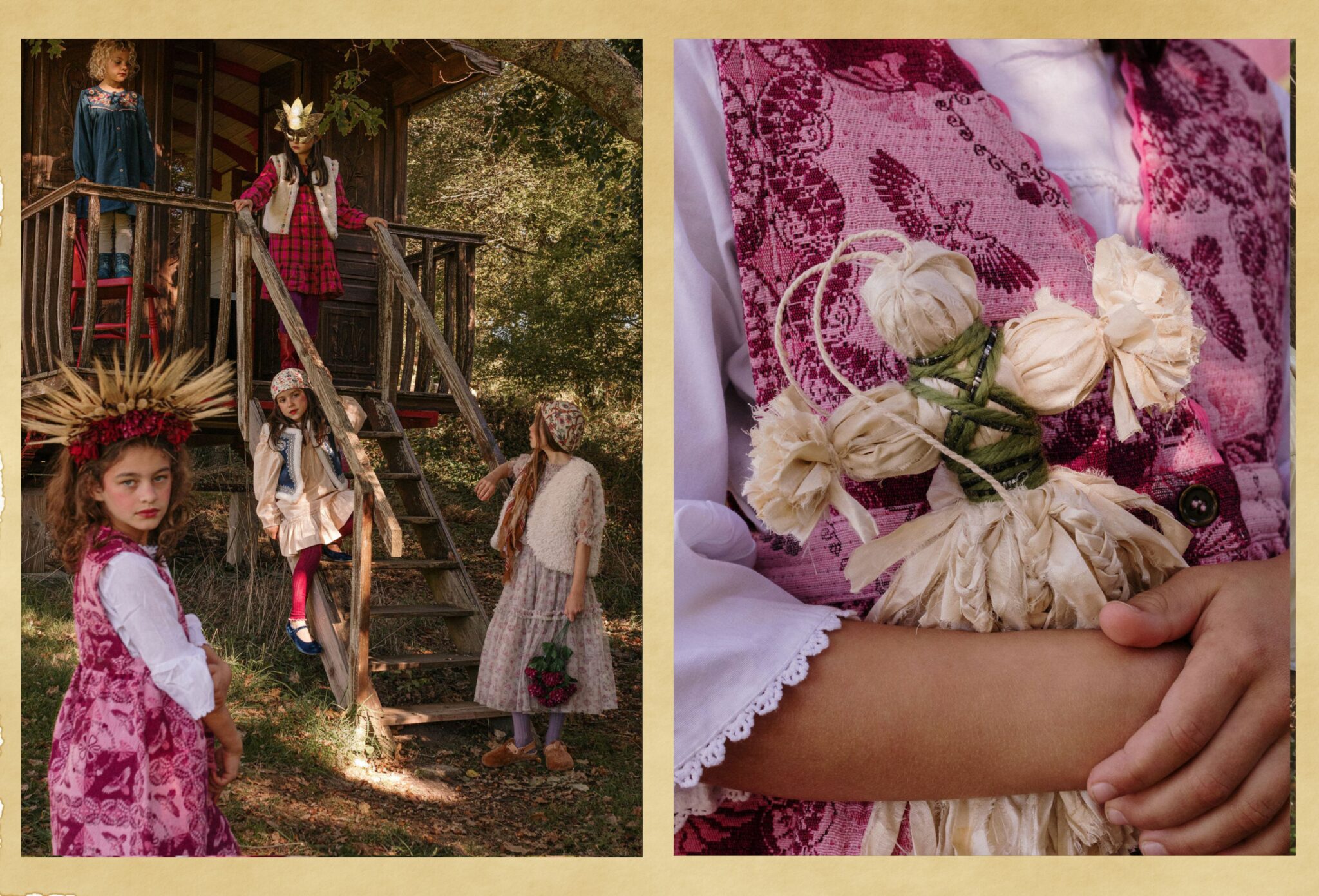 Children dressed in folkloric and gypsy-inspired outfits gather around a wooden caravan in the forest. One girl wears a crown of wheat, another holds a handmade straw doll tied with green thread. Kids fashion editorial COVEN II – Mystical Folklore Gypsy by Lara Lutz for Scimparello Magazine.