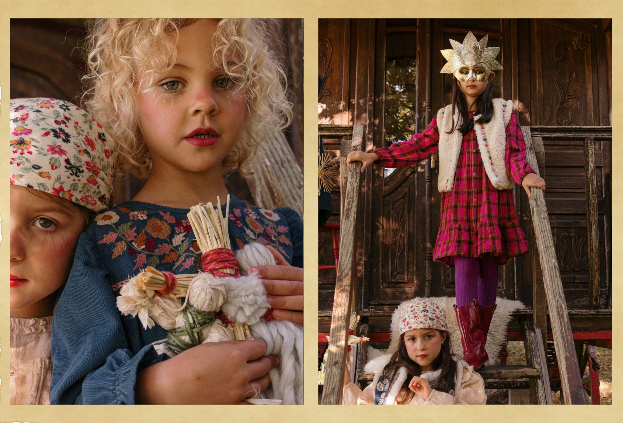 Children dressed in folkloric outfits pose near a wooden caravan. One girl with curly blonde hair holds a handmade straw doll, while another wears a gold star-shaped mask and plaid dress. Kids fashion editorial COVEN II – Mystical Folklore Gypsy by Lara Lutz for Scimparello Magazine