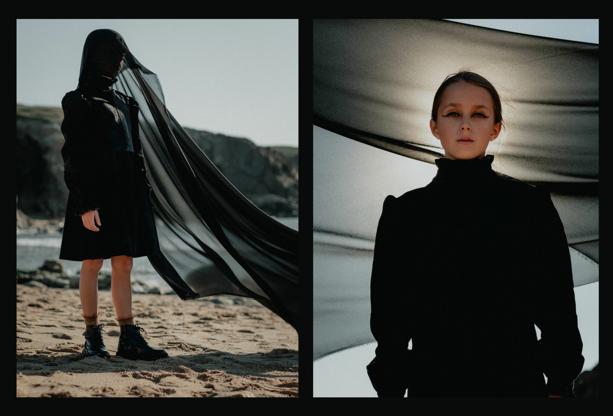 Two girls in black dresses from the FW25 fashion editorial Coven III – Black Witches by photographer Lara Lutz for Scimparello Magazine. Shot on a rocky beach, one girl stands with a long black veil flowing dramatically in the wind, while the other gazes at the camera under the soft light of the sun, her golden eyeliner glowing — a poetic, mystical vision of modern witches.