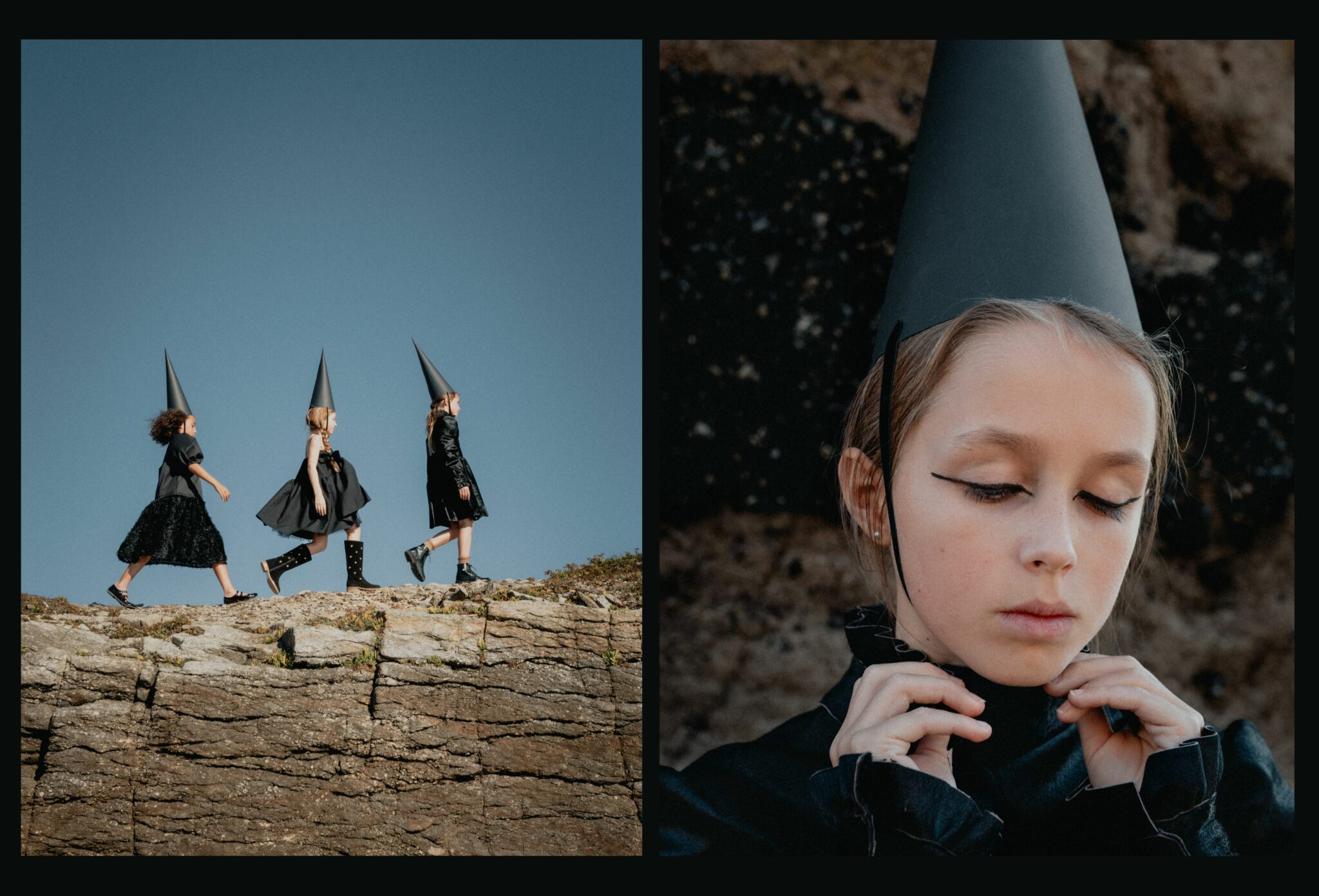 Three girls in black dresses and pointed paper hats walk along a rocky cliff under a clear blue sky, followed by a close-up of one girl with black eyeliner and eyes closed, adjusting her collar — from the FW25 fashion editorial Coven III – Black Witches by photographer Lara Lutz for Scimparello Magazine. A poetic vision of childhood magic, mystery, and sisterhood.