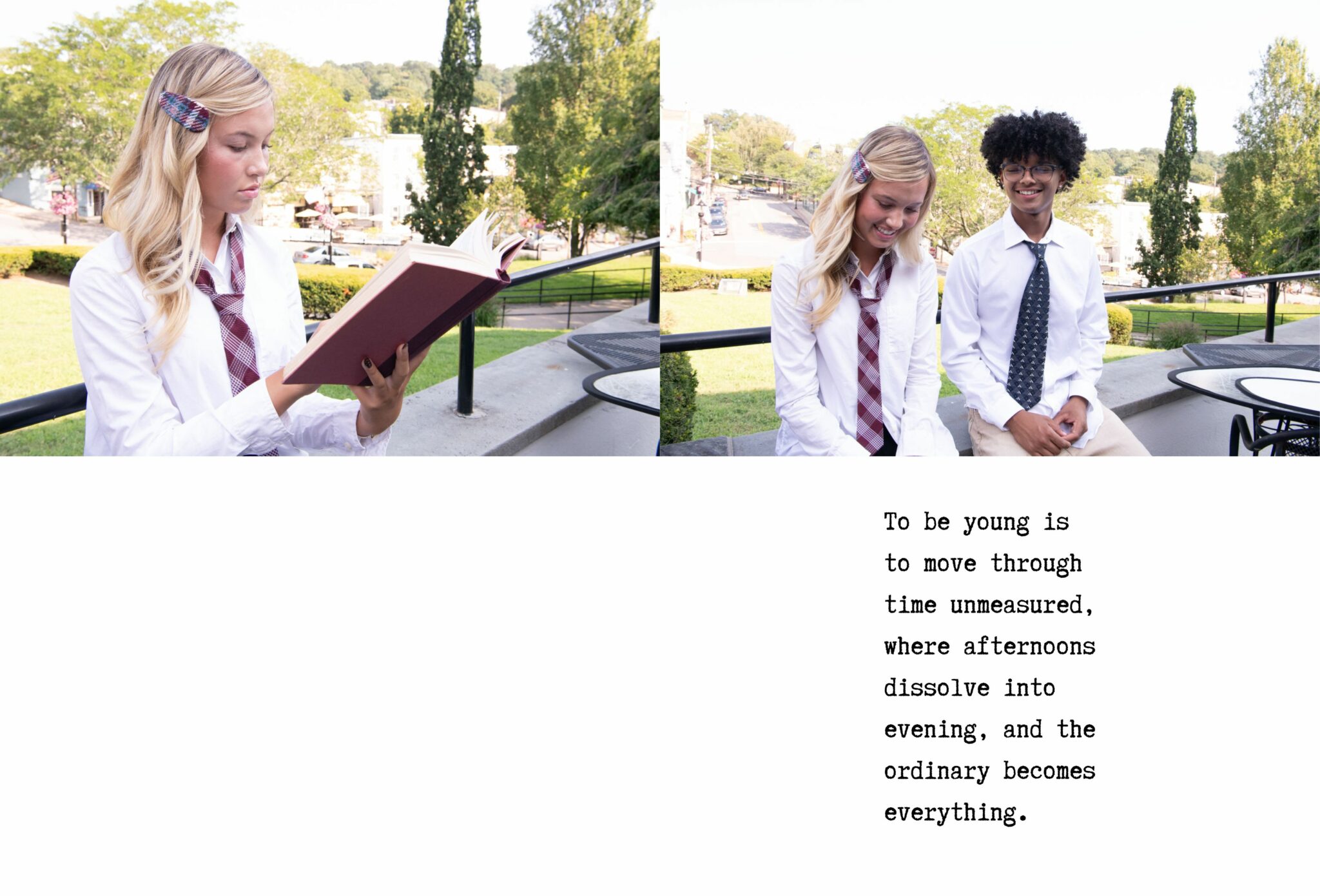 Teen girl in a white shirt, plaid tie, and colorful hair clip reading a book outdoors, sitting on stone steps in the sunlight; next to her, a boy in a white shirt and patterned tie smiles as they sit together overlooking a city park. Teen fashion editorial All the Time in the World by Sabrina Helas for Scimparello Magazine FW25.