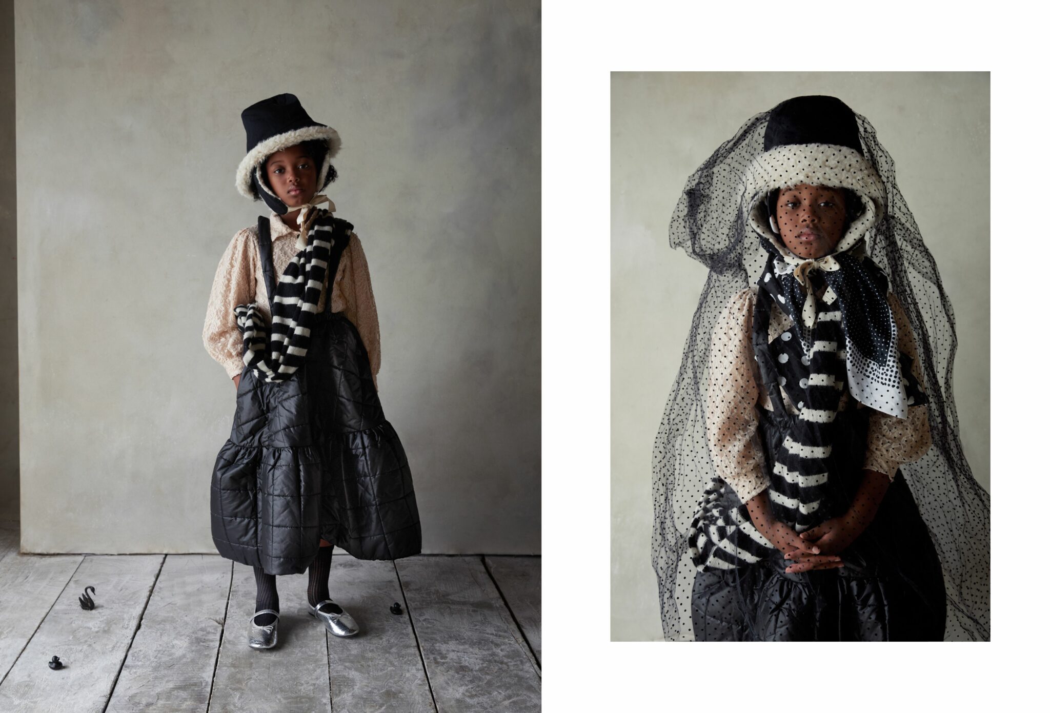 Fashion editorial That’s Bonkers for Scimparello Magazine FW25, photographed by Cleo Sullivan. A girl wears a voluminous black quilted skirt with a lace blouse, striped faux fur scarf, and a shearling-lined hat. In another portrait, she’s covered with a dotted black veil, adding a surreal and theatrical touch. Styling combines romantic textures and monochrome playfulness in looks by LITTLE CREATIVE FACTORY and vintage pieces.