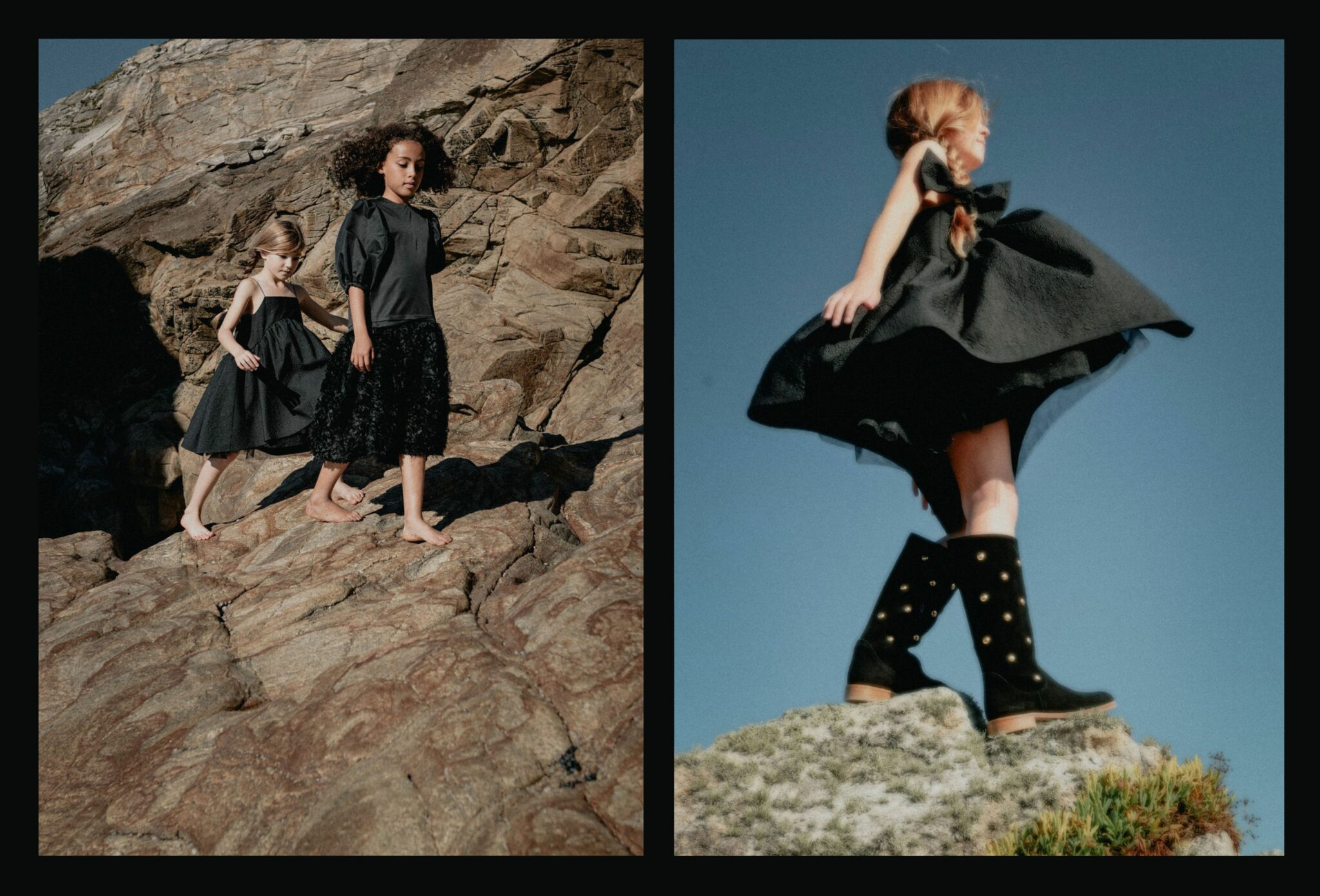 Children dressed in black FW25 outfits walk barefoot over sunlit rocks and stand proudly against a clear blue sky — part of the fashion editorial Coven III – Black Witches by photographer Lara Lutz for Scimparello Magazine. The images blend strength and grace, evoking childhood rituals and the wild beauty of nature.