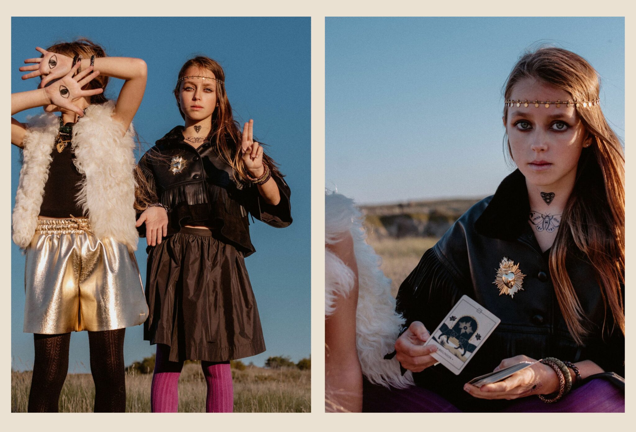 Kids dressed in boho-rock Halloween looks pose under the late afternoon sun — one with drawn eyes on her palms, another wearing a golden headpiece and holding tarot cards. From Coven IV – Gipsy Rock & Tarot Magic by Lara Lutz for Scimparello Magazine, a FW25 editorial mixing mystical charm, bold style, and a touch of Halloween magic.