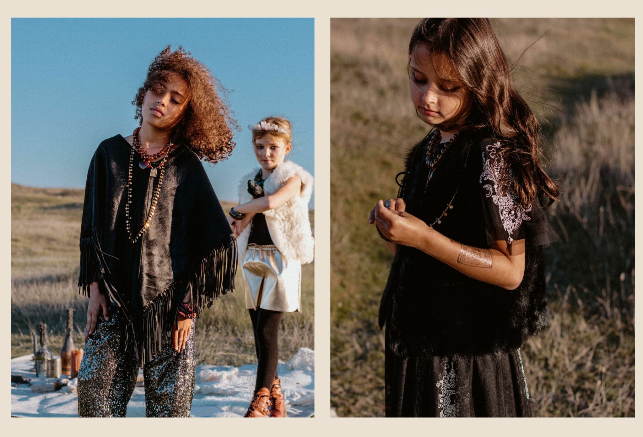 Children dressed in boho-rock Halloween looks stand under warm sunset light — fringed ponchos, sequined pants, faux-fur vests, and embroidered black dresses adorned with beads and amulets. From Coven IV – Gipsy Rock & Tarot Magic by Lara Lutz for Scimparello Magazine, a FW25 kids fashion editorial filled with mystical energy and free-spirited charm.
