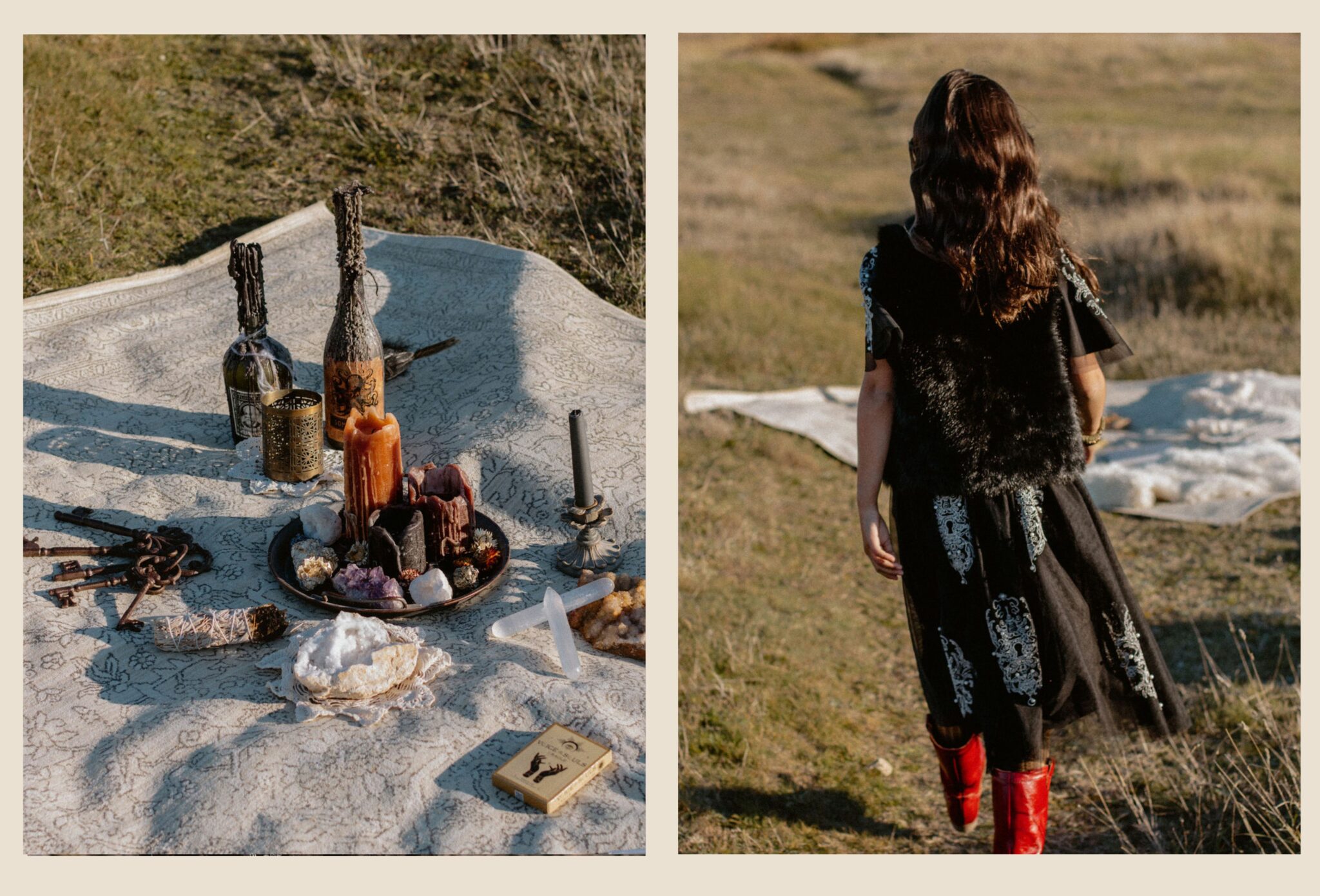 A bohemian ritual scene from Coven IV – Gipsy Rock & Tarot Magic by Lara Lutz for Scimparello Magazine. On the left, a blanket is set with melted candles, crystals, and vintage keys; on the right, a girl in a black embroidered dress, faux-fur vest, and red boots walks away under the afternoon light. The Halloween editorial captures mystical beauty and free-spirited energy.