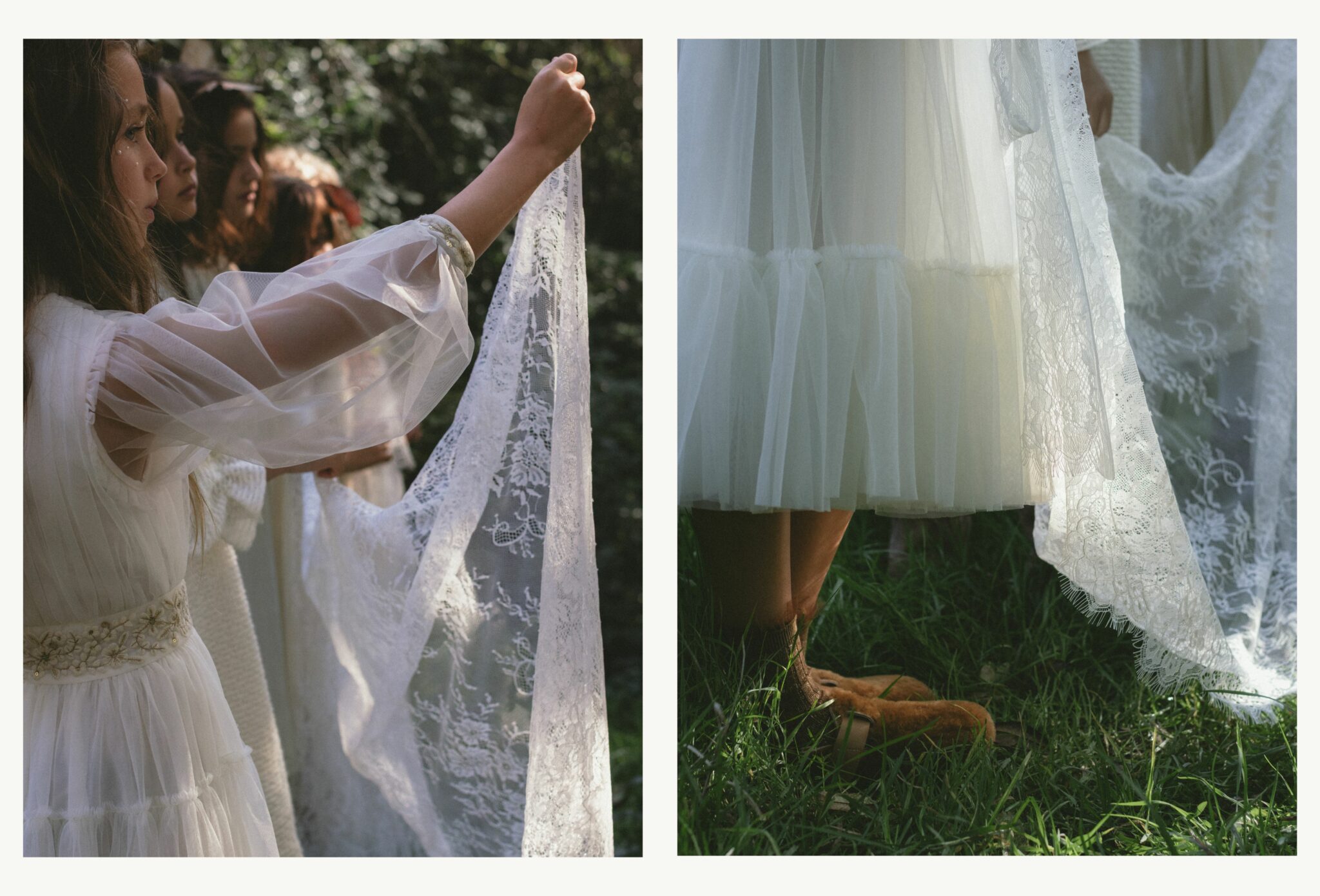 Close-up of girls in white lace and tulle dresses holding delicate fabric under the sunlight, surrounded by greenery. Kids fashion editorial COVEN I photographed by Lara Lutz for Scimparello Magazine.