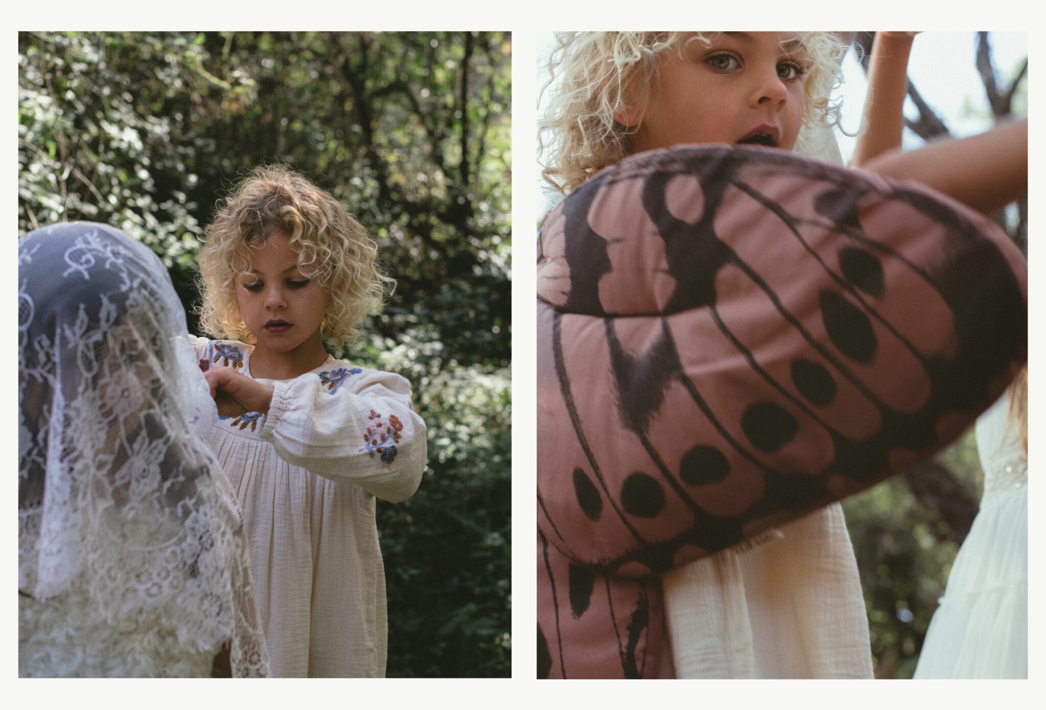 Blonde girl in an embroidered white dress helps another child covered in lace, while butterfly wings appear in the next frame. Kids fashion editorial COVEN I by Lara Lutz for Scimparello Magazine.