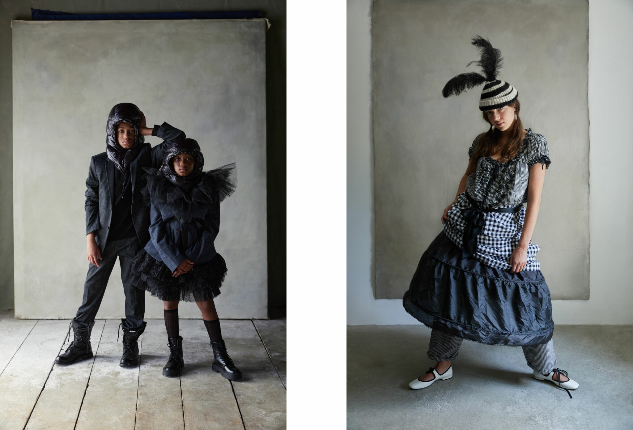 Fashion editorial That’s Bonkers for Scimparello Magazine FW25, photographed by Cleo Sullivan. Left: Two children in dark layered looks — suits APPAMAN, sweater ZARA, boots COCORAN and ZARA, dress AQUA, tutus BLOCH REPETTO, and balaclava NATUREHIKE. The styling blends tailored structure with whimsical tulle and outdoor details. Right: A girl in a gingham dress and shirt DOEN, pants FREE PEOPLE, hoop skirt VINTAGE, hat MILO & DEXTER, and shoes MARC JACOBS. The voluminous silhouette and striped feathered hat add a theatrical, playful twist.