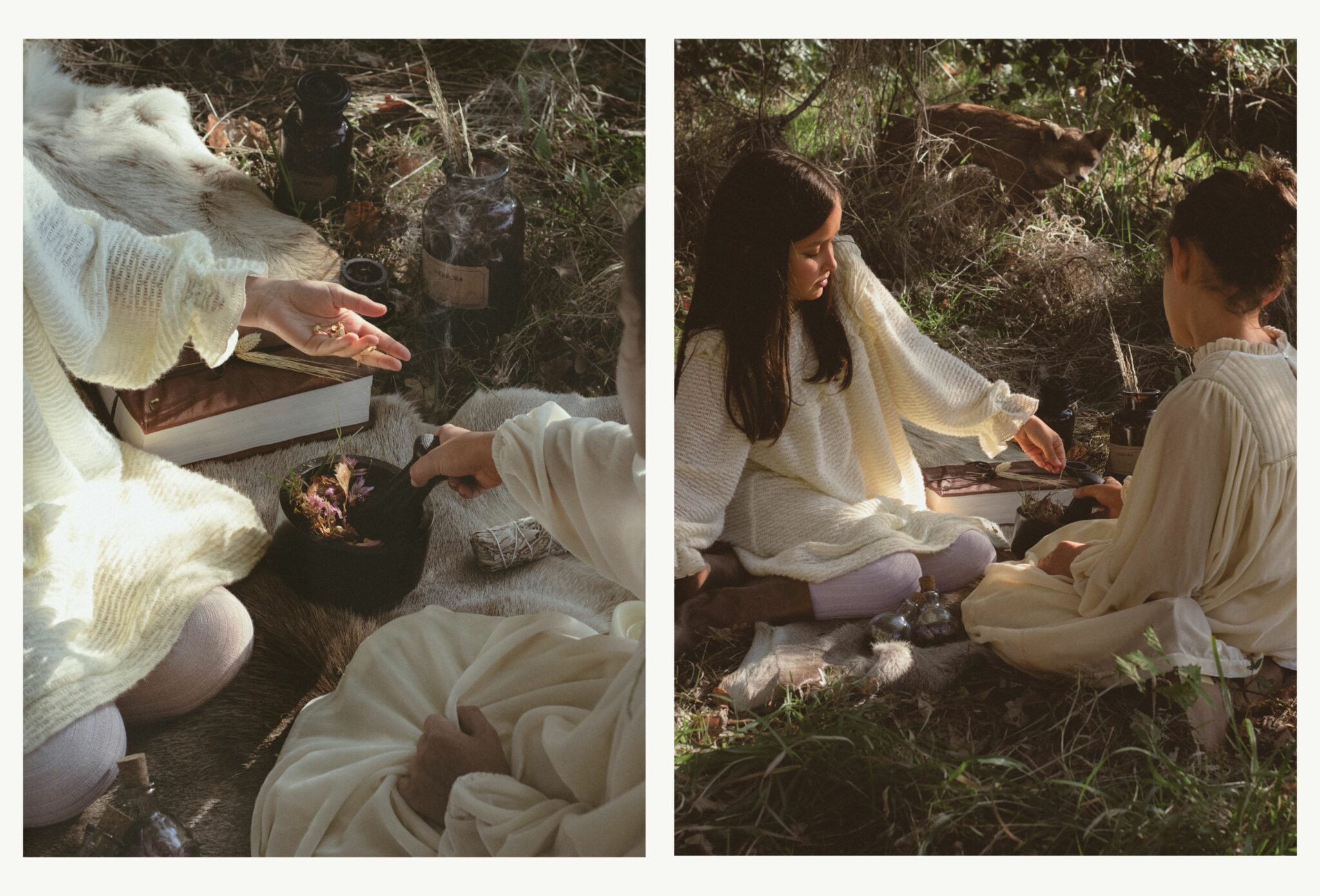 Children dressed in cream-colored dresses sit on fur blankets in the forest, mixing herbs and flowers in a small pot. Kids fashion editorial COVEN I by Lara Lutz for Scimparello Magazine, inspired by Halloween folklore and natural magic.