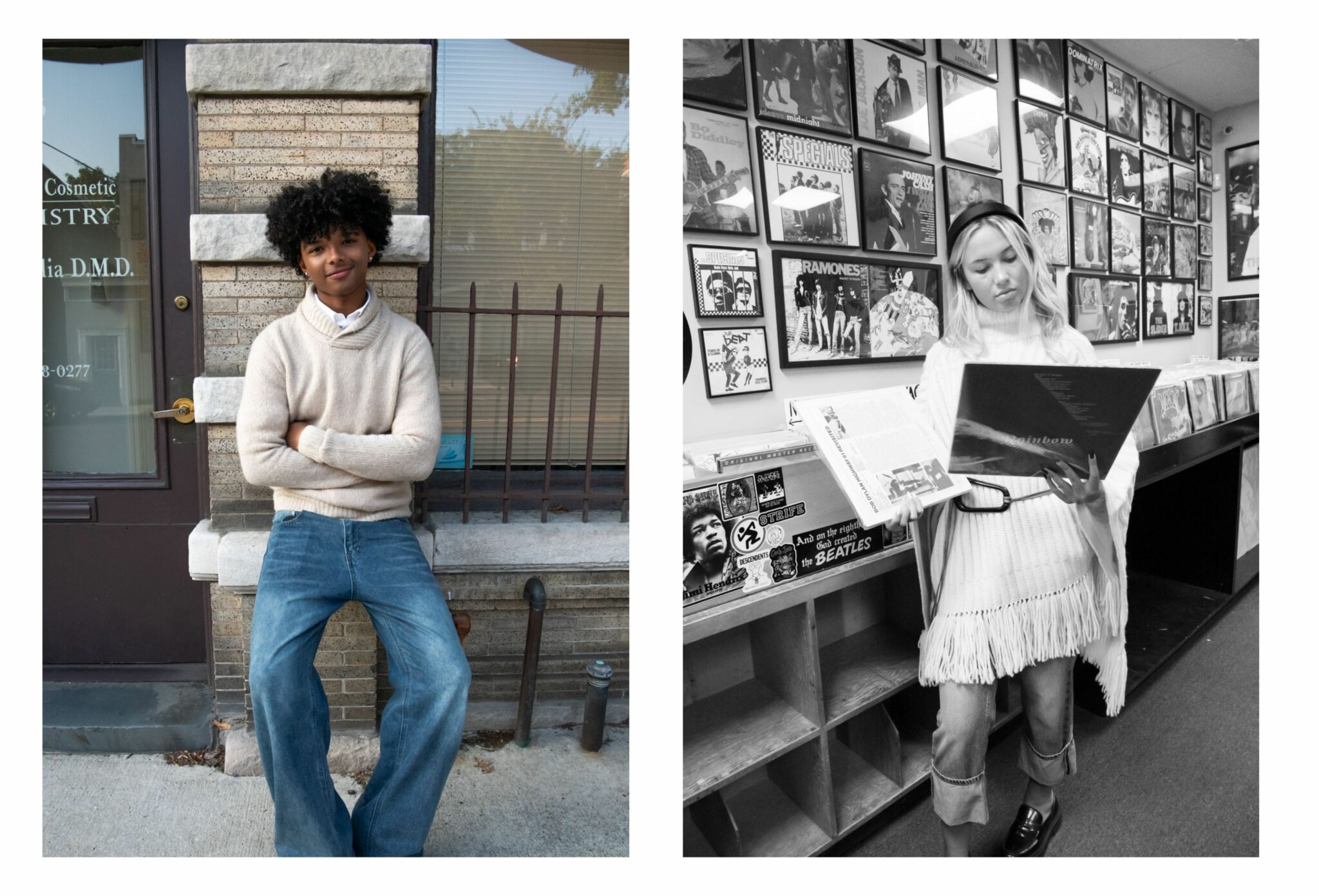Teen boy sitting casually outside a brick building wearing a beige sweater, collared shirt and wide-leg jeans, next to a teen girl browsing vinyl records inside a retro record shop decorated with album covers of The Beatles, Ramones and Jimi Hendrix. Teen fashion editorial All the Time in the World by Sabrina Helas for Scimparello Magazine FW25.
