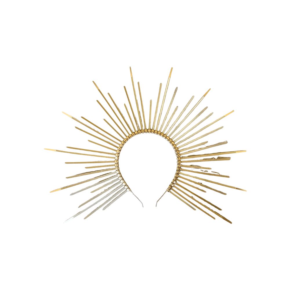 Golden sun-shaped headband, perfect for a mystical or Halloween-inspired kids fashion look from Scimparello Magazine.