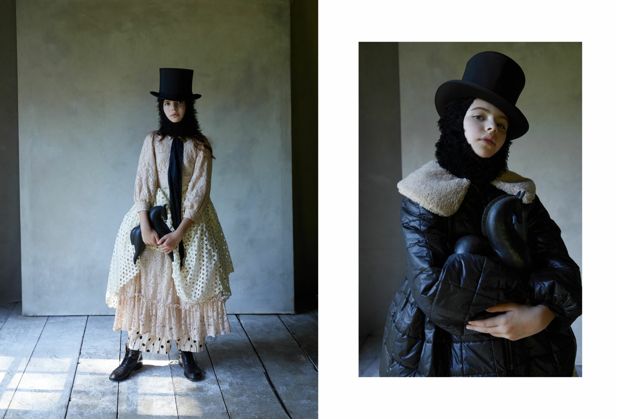 Alt text: Fashion editorial That’s Bonkers for Scimparello Magazine FW25, photographed by Cleo Sullivan. Left: A girl wearing layered lace and eyelet dresses with a tall top hat and black faux fur balaclava, holding two black swan props. Right: A girl in a voluminous quilted jacket by LITTLE CREATIVE FACTORY FW25, with shearling collar, black top hat, and swan accessory. The styling contrasts soft vintage lace with bold outerwear, creating a surreal, storybook aesthetic.