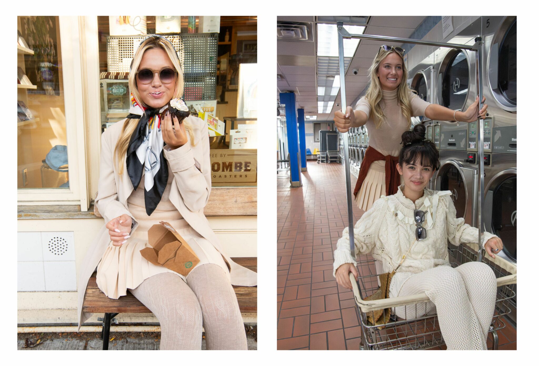Teen girl sitting outside a bakery enjoying a cupcake, dressed in a beige trench coat, pleated skirt, and silk scarf with round sunglasses. In the next image, two girls have fun inside a laundromat — one wearing a beige turtleneck and pleated skirt pushing a cart, and the other in a cream knit sweater and textured pants sitting inside the cart. Teen fashion editorial All the Time in the World by Sabrina Helas for Scimparello Magazine FW25.