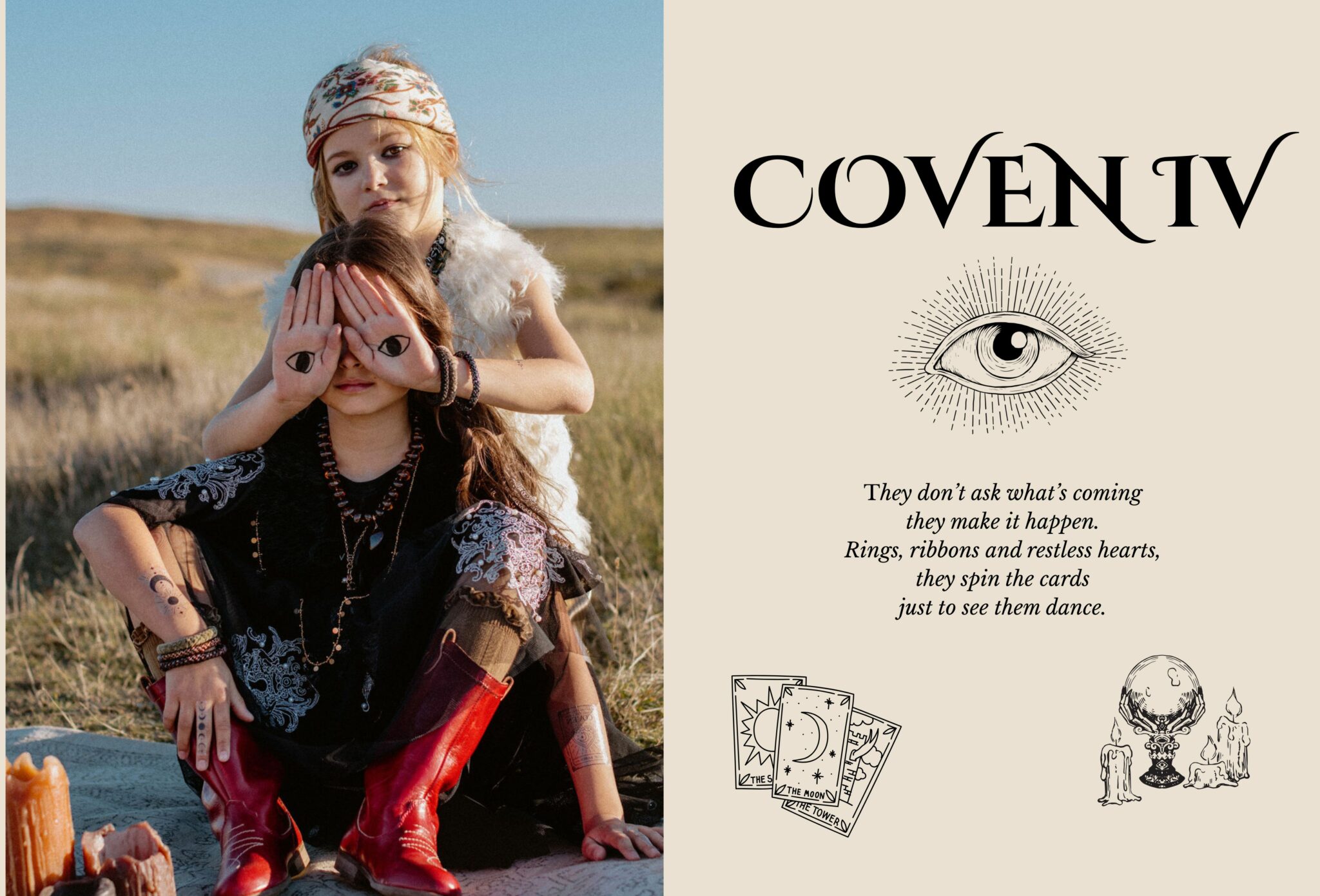Two girls dressed in boho-rock outfits sit in a sunlit field, one with red cowboy boots and drawn eyes on her hands, the other wearing a floral headscarf and fur vest — part of Coven IV by Lara Lutz for Scimparello Magazine. The Halloween-themed editorial blends gypsy spirit, rock attitude, and tarot magic for a free-spirited celebration of mystery and style.