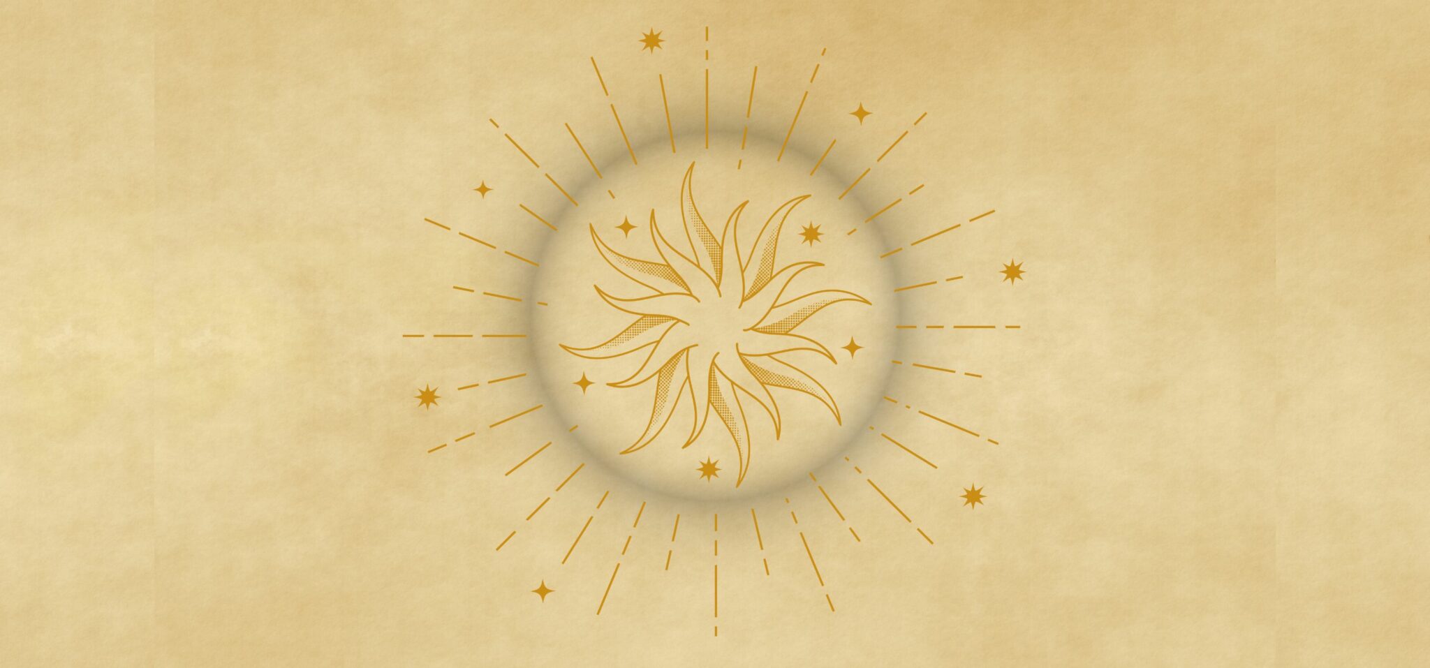 Golden mystical illustration of a sun and stars on parchment background with the title COVEN II. Editorial intro for COVEN II – Mystical Folklore Gypsy, part of Scimparello Magazine’s Halloween-inspired fashion stories.