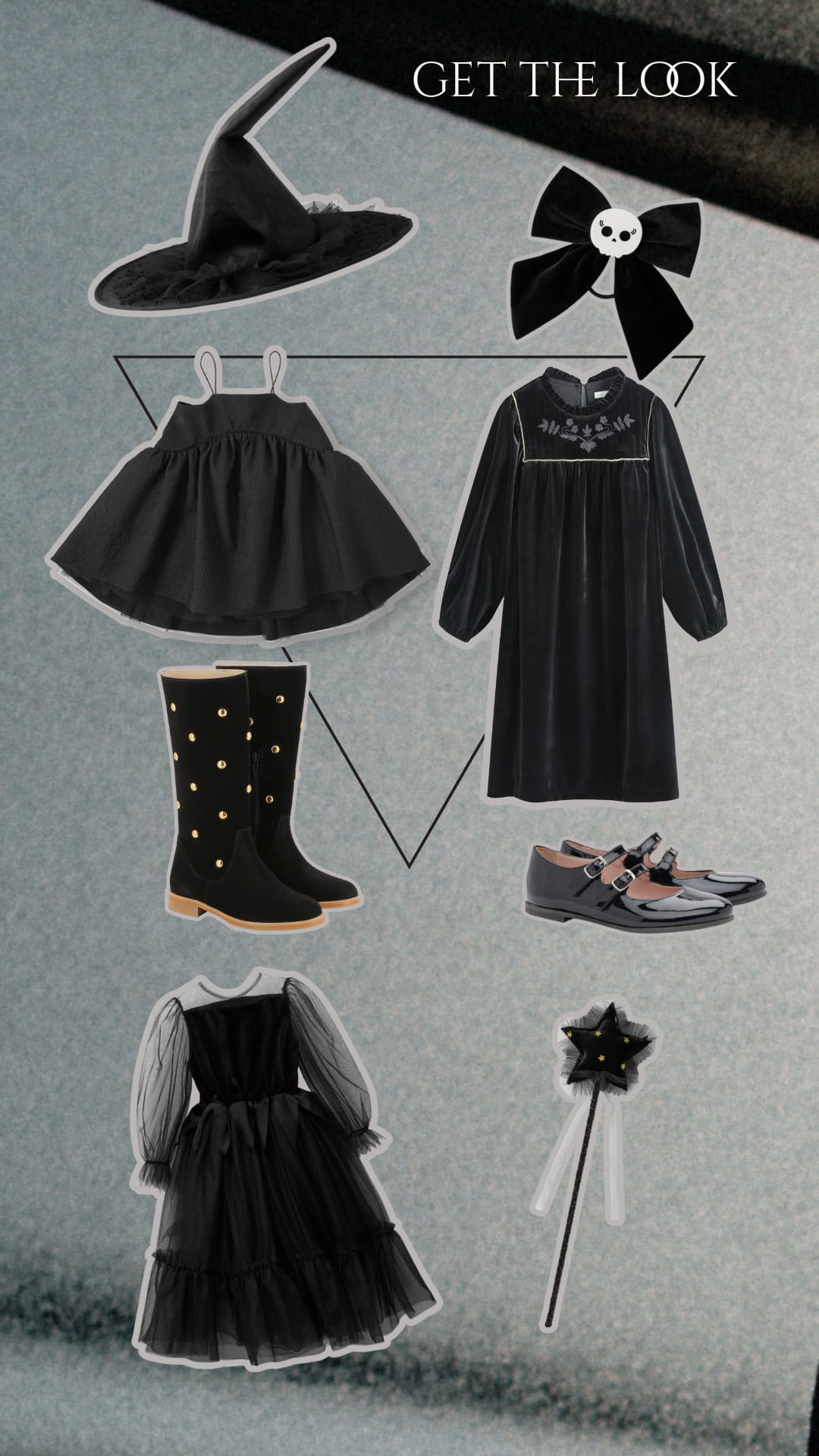 Flat lay of the Get the Look selection from Coven III – Black Witches by Lara Lutz for Scimparello Magazine, featuring FW25 kids fashion pieces in total black: velvet and tulle dresses, knee-high studded boots, patent shoes, a witch hat, a bow, and a star wand — a playful, stylish take on Halloween magic.