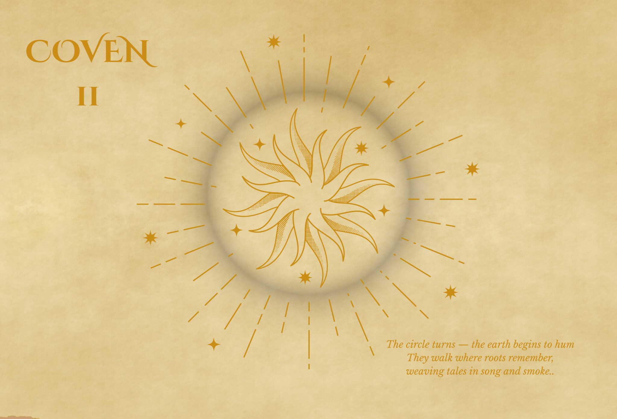 Golden mystical illustration of a sun and stars on parchment background with the title COVEN II. Editorial intro for COVEN II – Mystical Folklore Gypsy, part of Scimparello Magazine’s Halloween-inspired fashion stories.