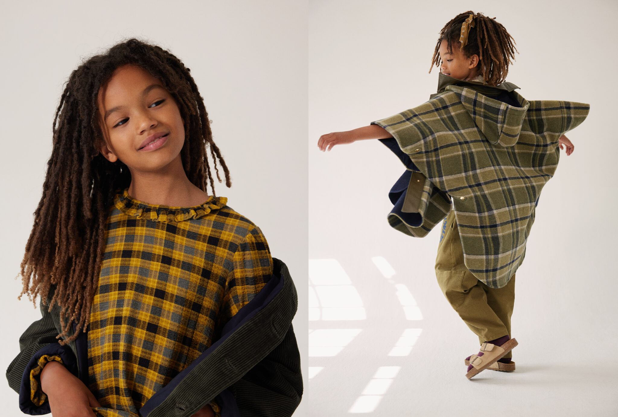 Two portraits from Dancing With Myself FW25 by Alex Klever for Scimparello Magazine. Left: girl in jacket TANGERINE and checked dress OXOX CLUB, smiling softly. Right: girl spinning in coat/poncho CHLOÉ, blouse C’ERA UNA VOLTA, pants BOBO CHOSES, socks MAIN STORY, shoes LMDI, bag BELLEROSE, and vintage bow. A warm, playful fashion story celebrating movement and individuality.